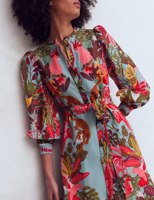 Ava Linen Blend Midi Dress-Blue Tropical Safari Placement