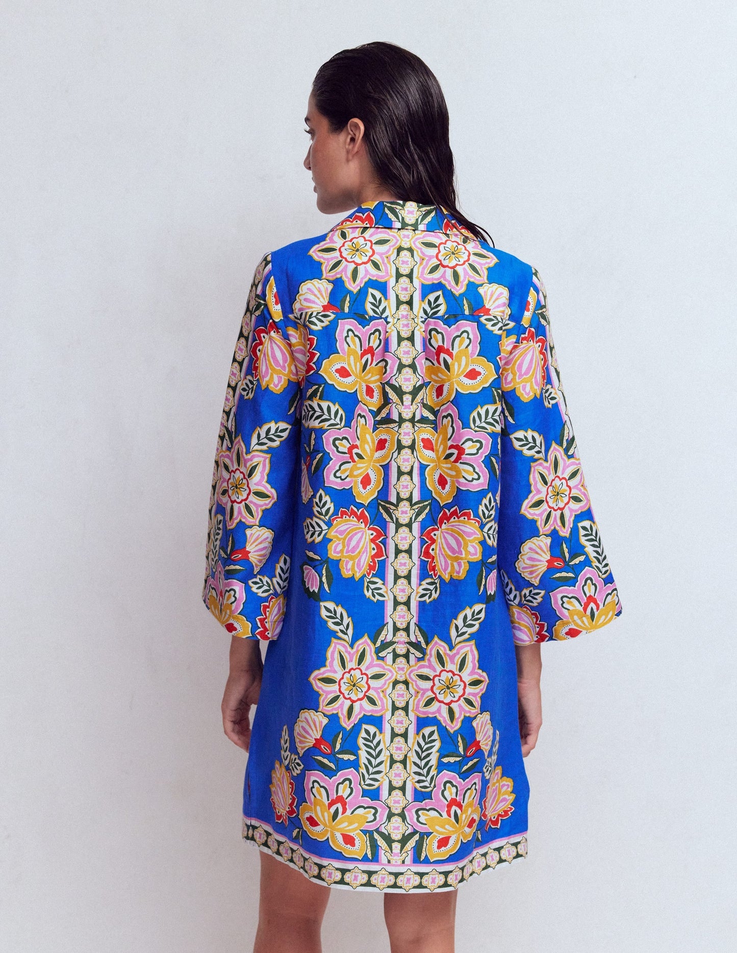 Carmen Linen Short Dress-Blue Blossom Elegance