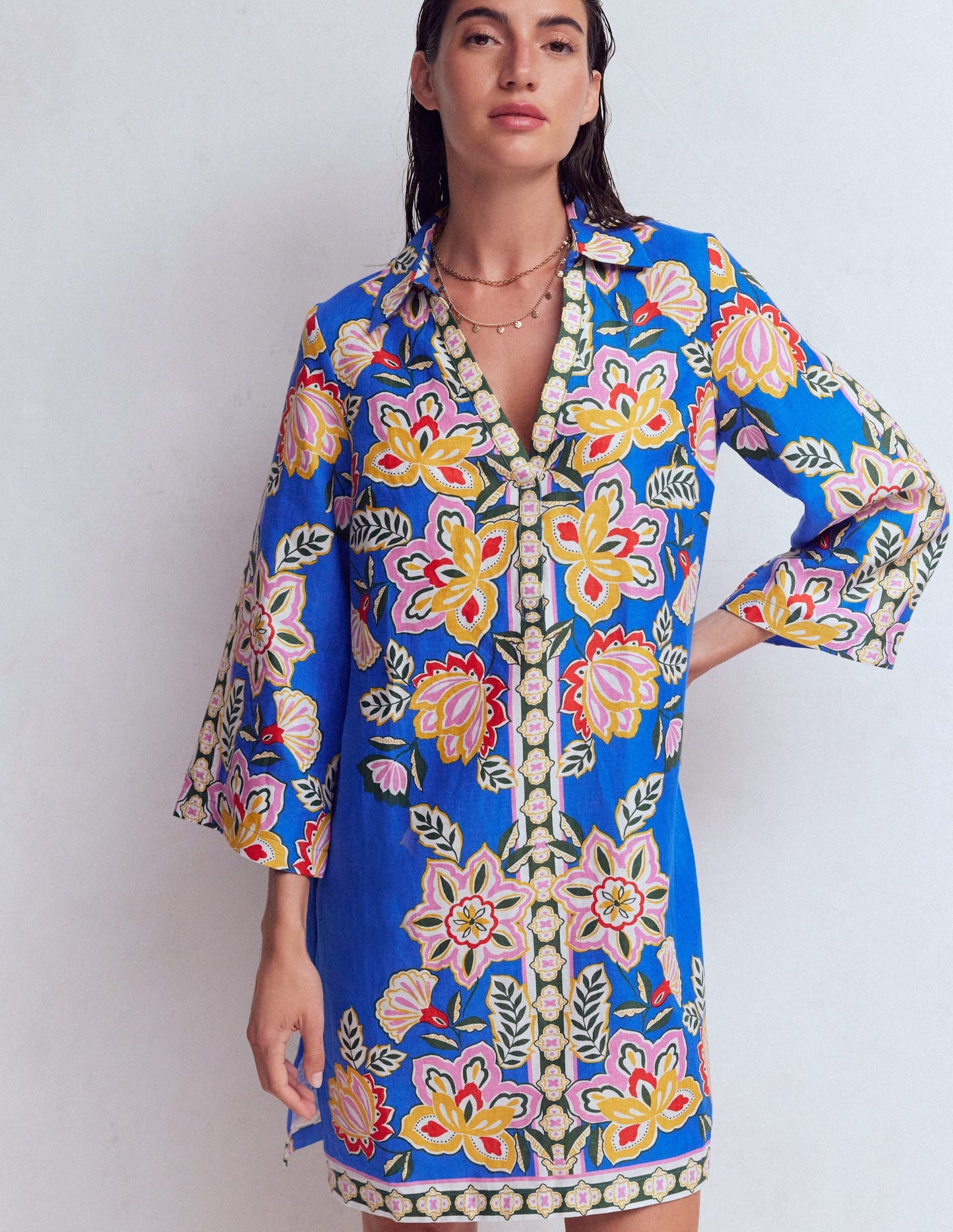 Carmen Linen Short Dress-Blue Blossom Elegance