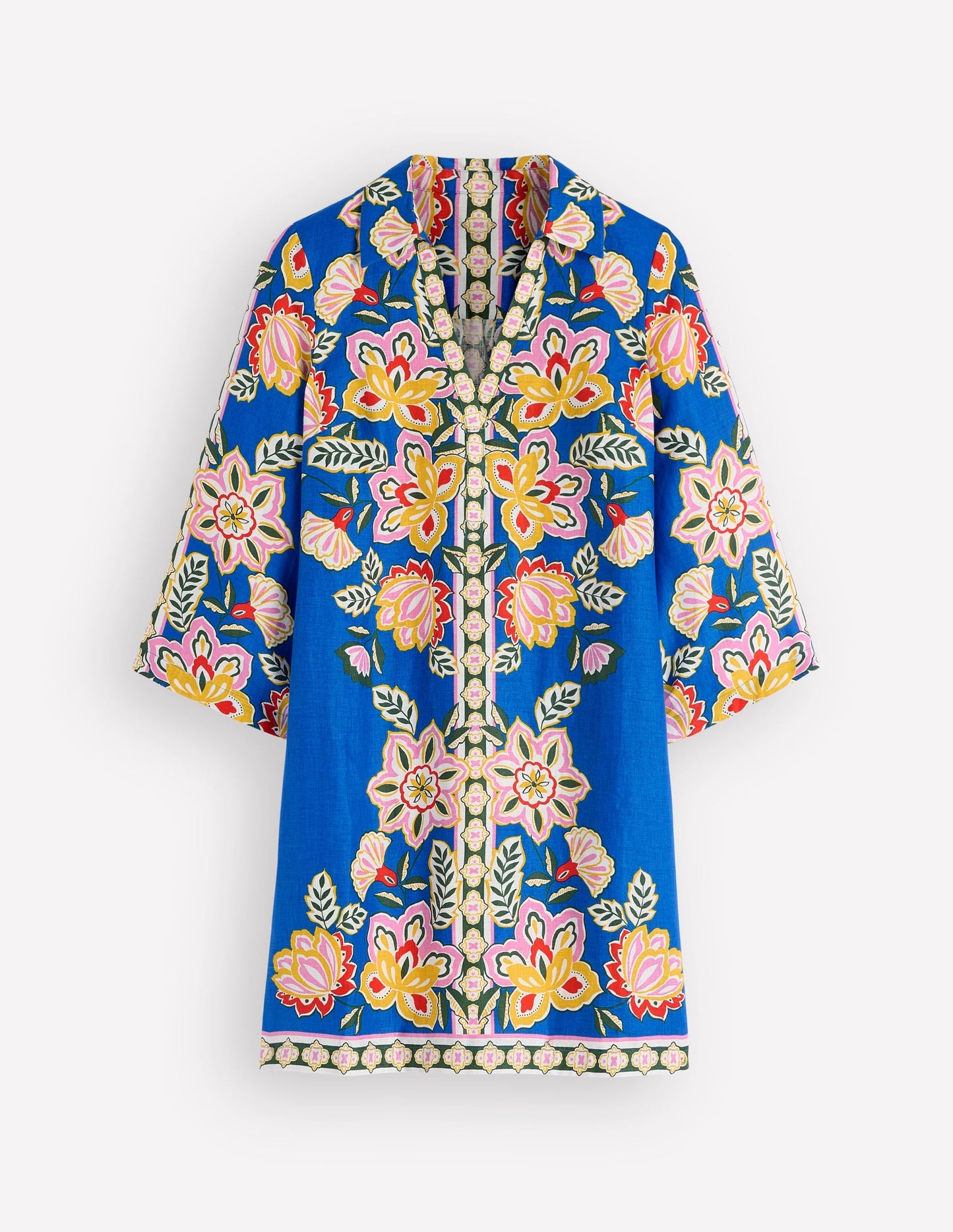 Carmen Linen Short Dress-Blue Blossom Elegance