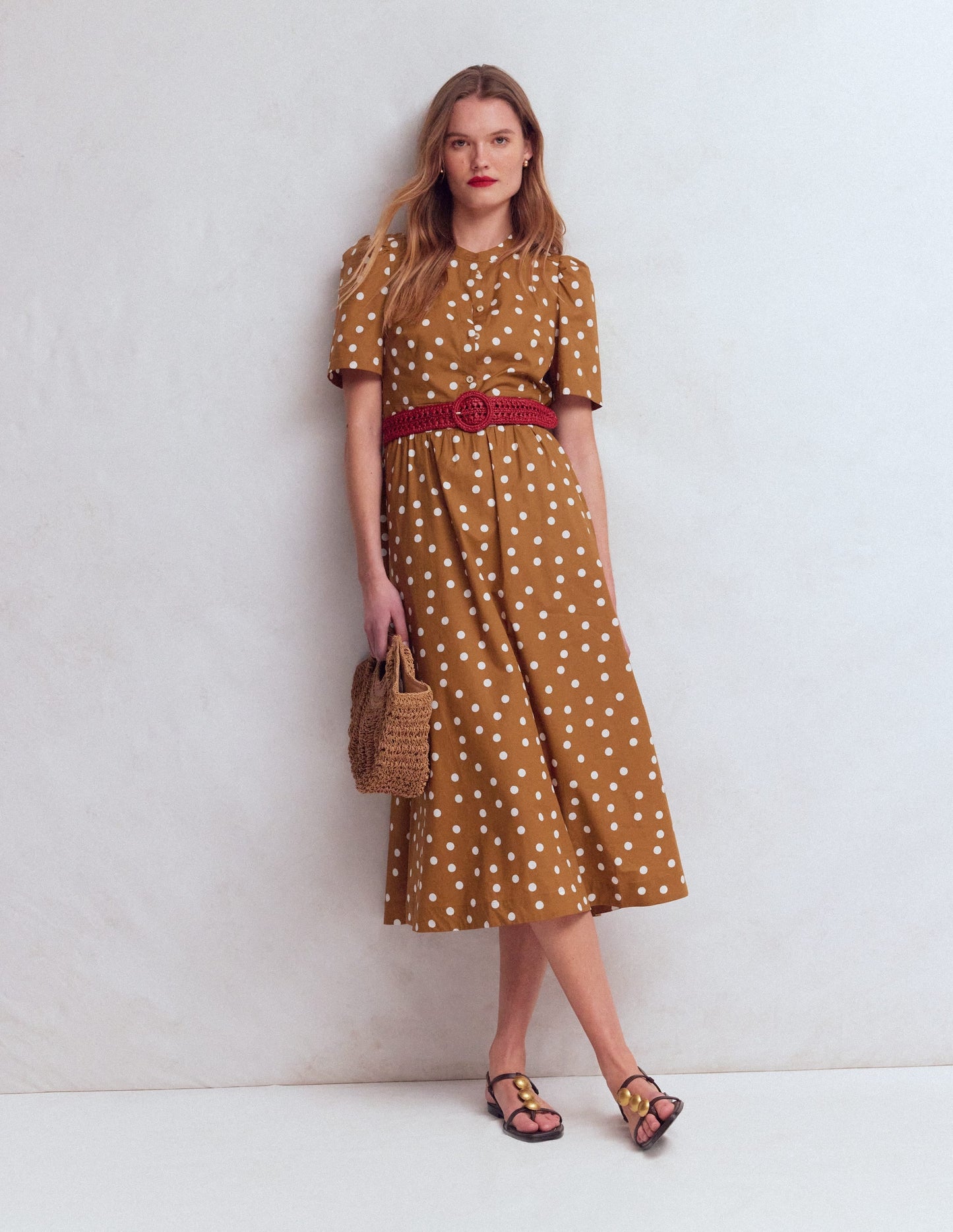 Ivy Button Cotton Midi Dress-Brown Painted Dot Spaced