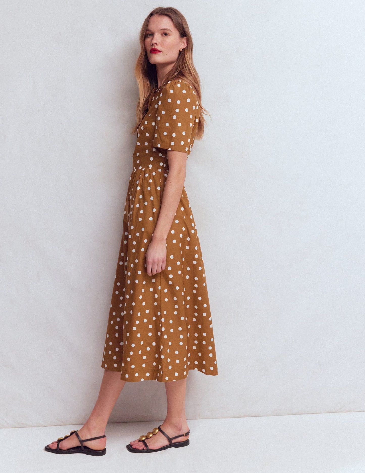 Ivy Button Cotton Midi Dress-Brown Painted Dot Spaced