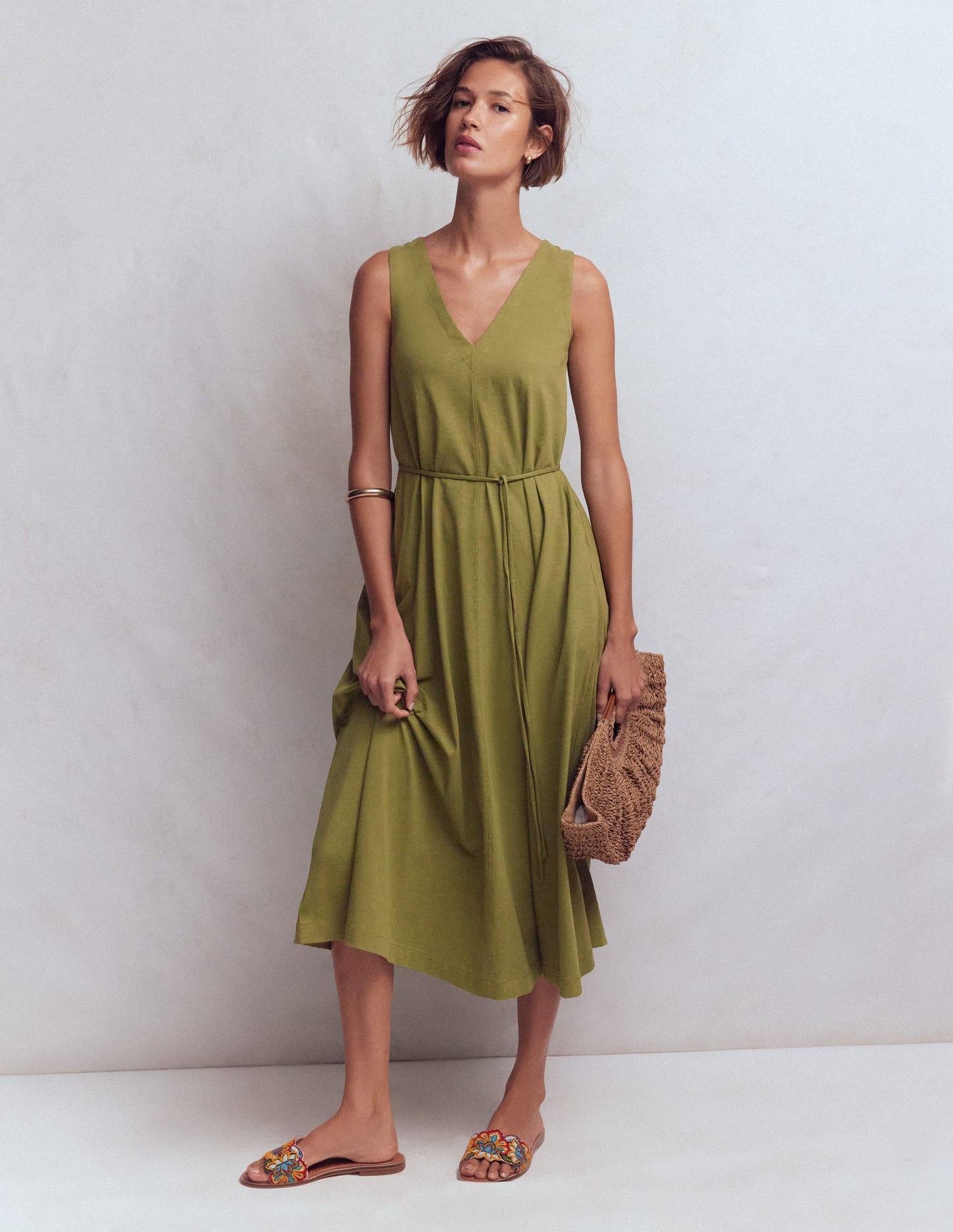 Mia V-neck Jersey Midi Dress-Olive