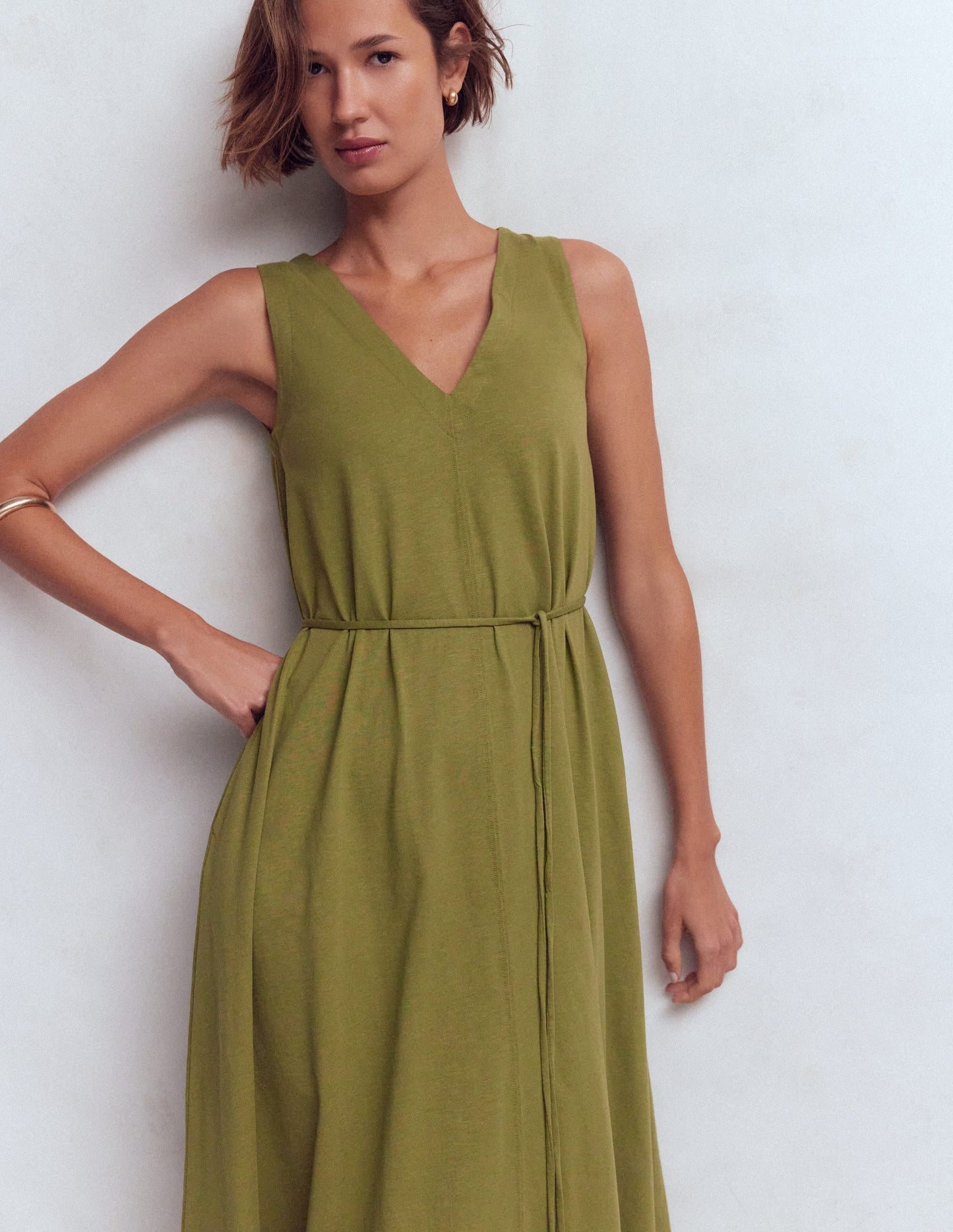 Mia V-neck Jersey Midi Dress-Olive