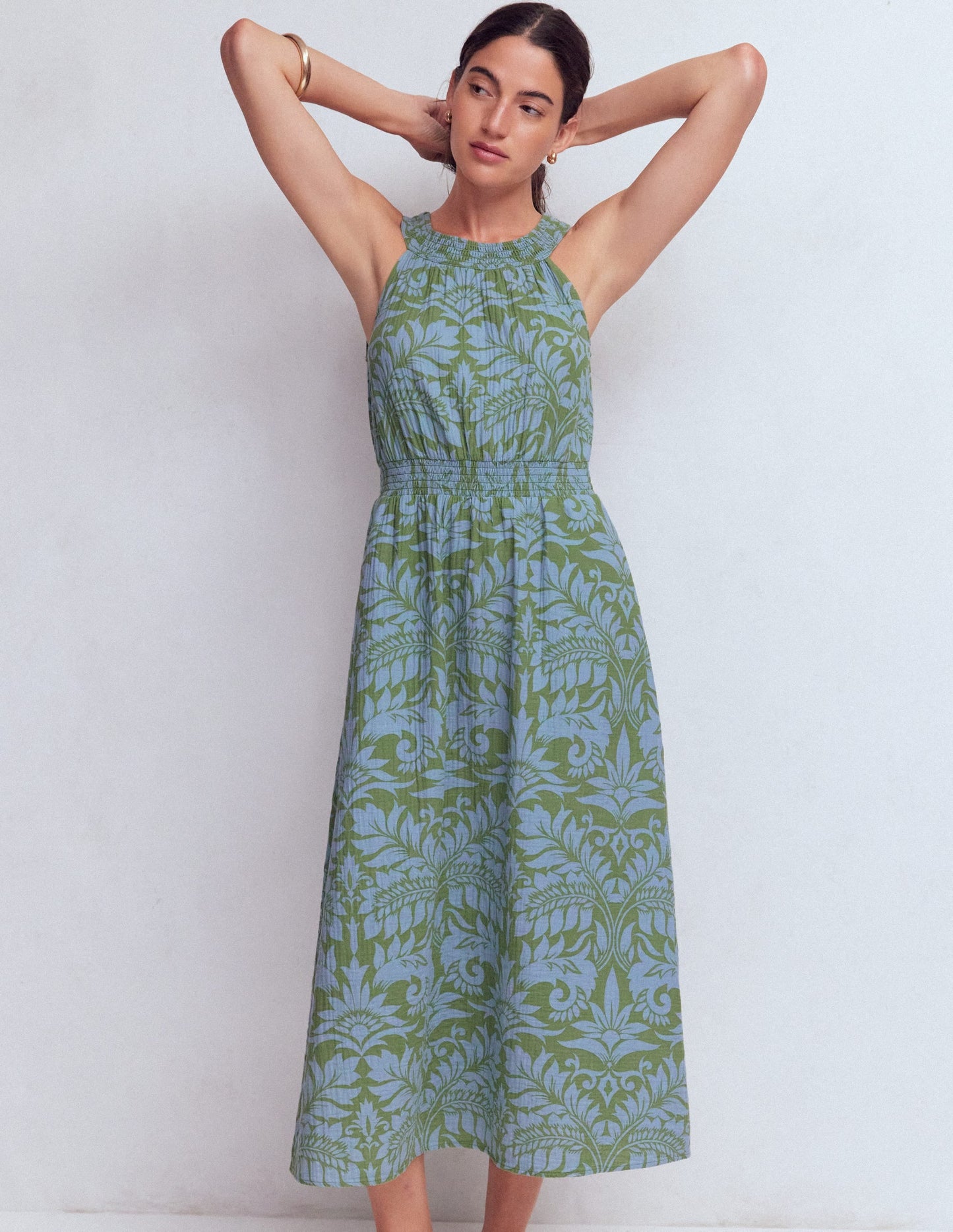 Daphne Double Cloth Dress-Green Ornamental Foliage