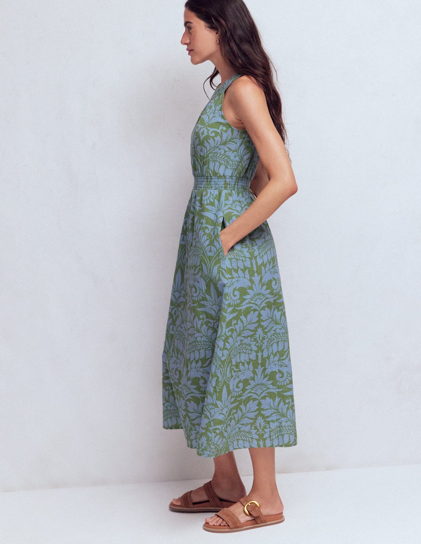 Daphne Double Cloth Dress-Green Ornamental Foliage