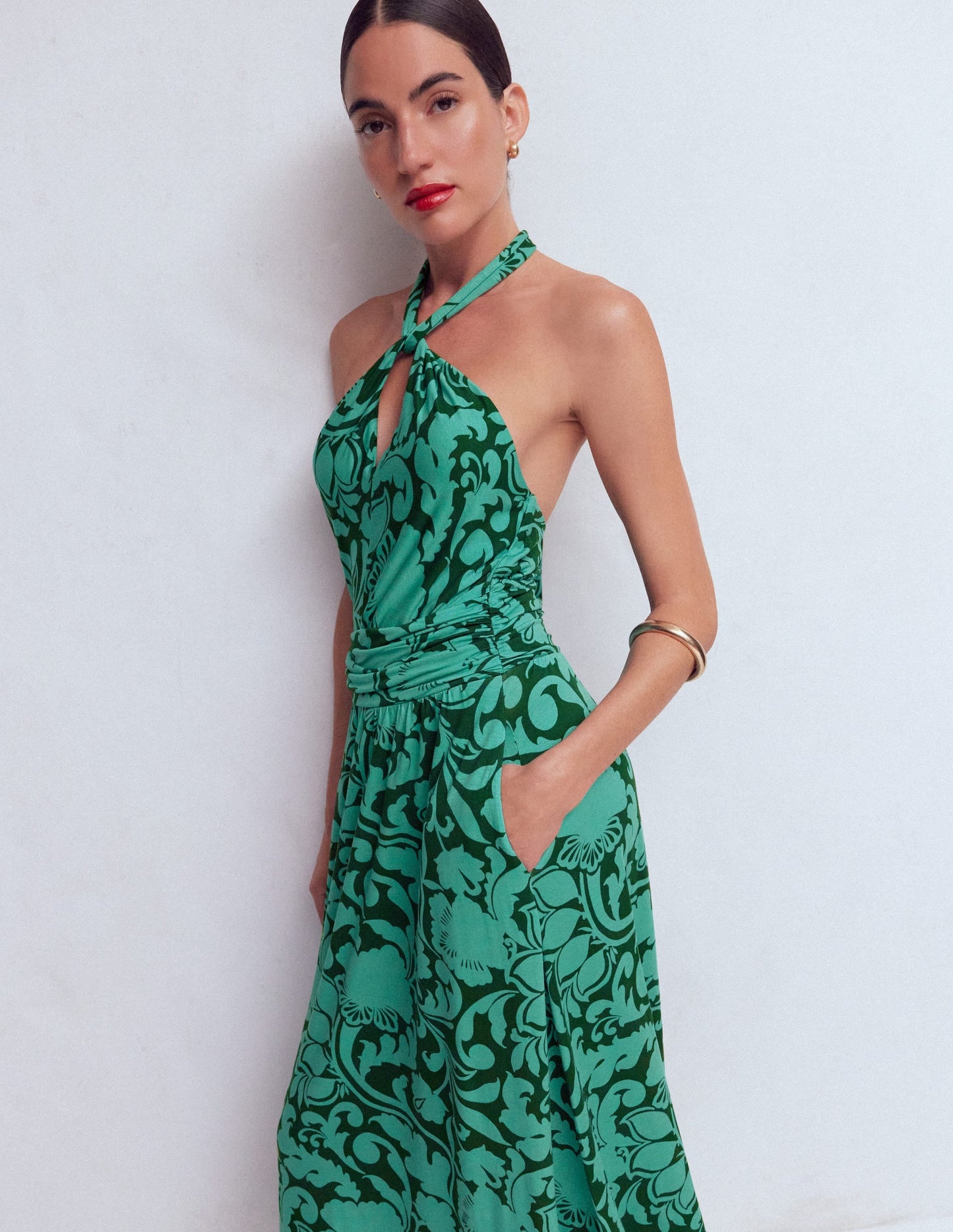 Sydney Twist Neck Jersey Dress-Green, Flourishing Meadow