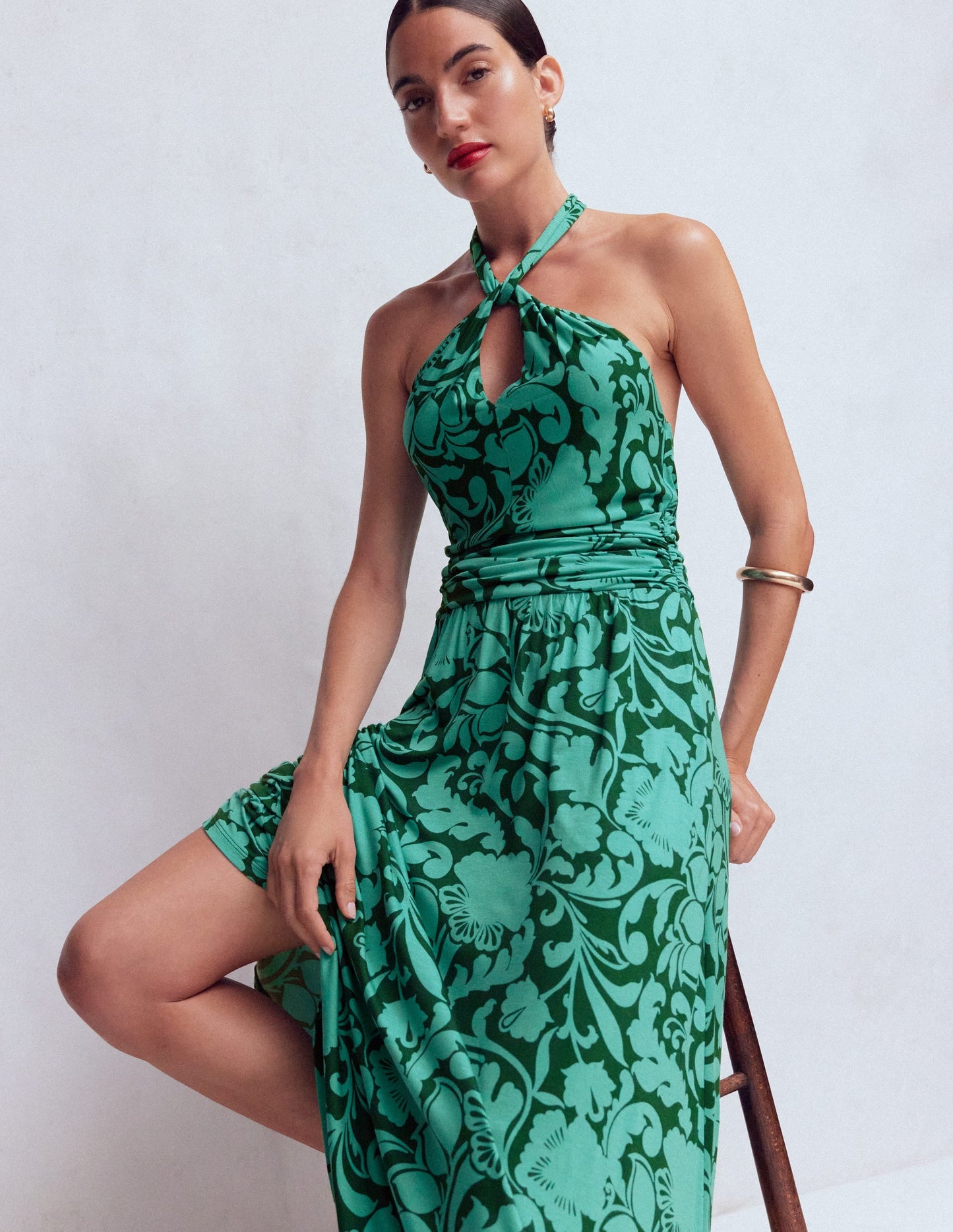Sydney Twist Neck Jersey Dress-Green, Flourishing Meadow