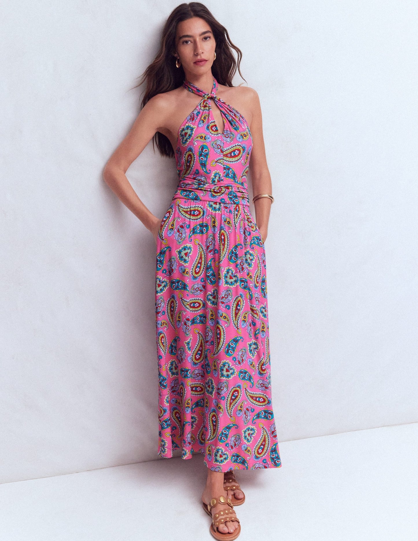 Sydney Twist Neck Jersey Dress-Brillant Pink, Radiant Paisley