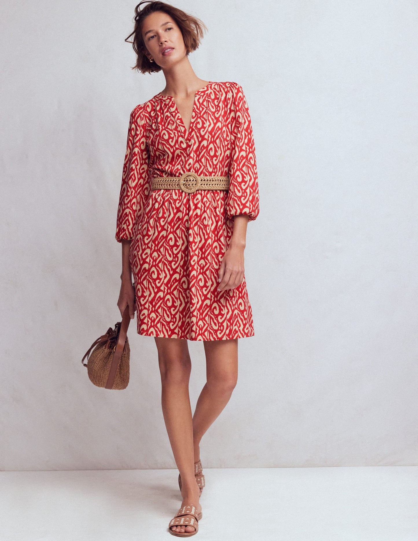 Cathy Notch Neck Jersey Dress-Merida Red, Ikat
