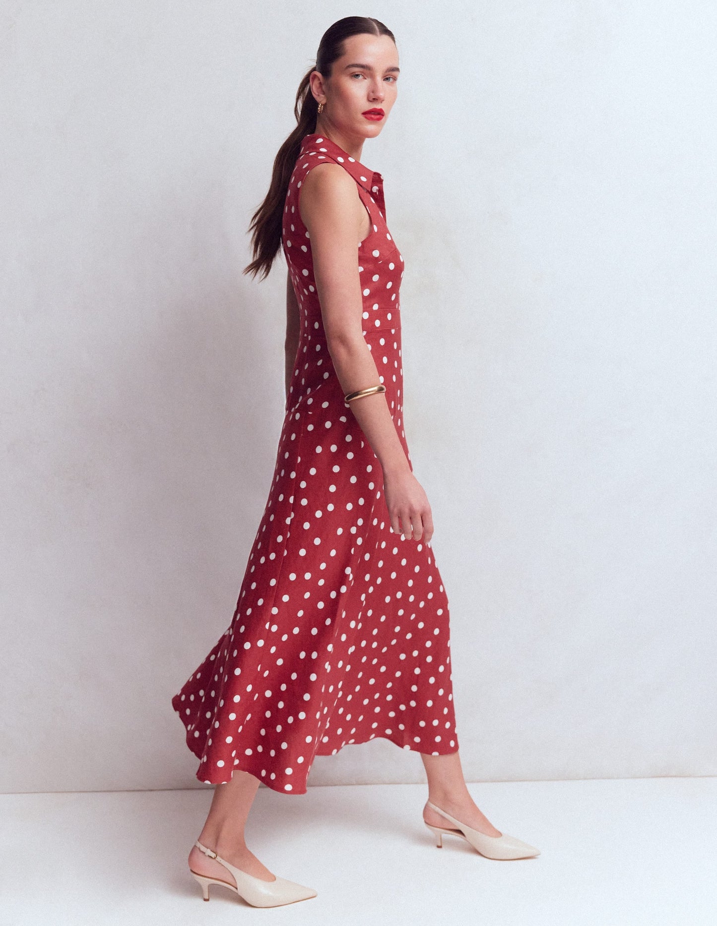 Erma Drop Waist Linen Dress-Red Painted Dot Spaced