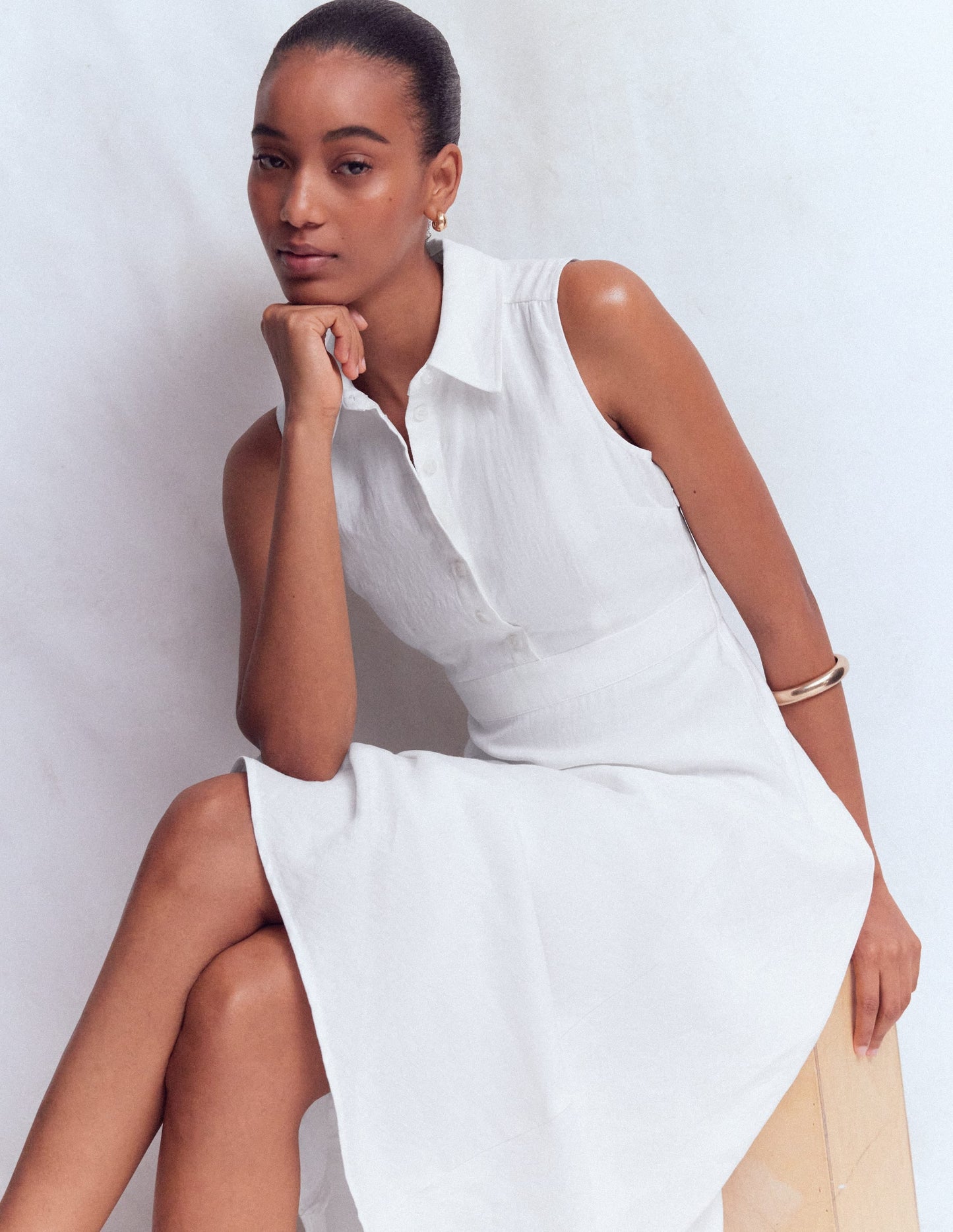 Erma Drop Waist Linen Dress-White