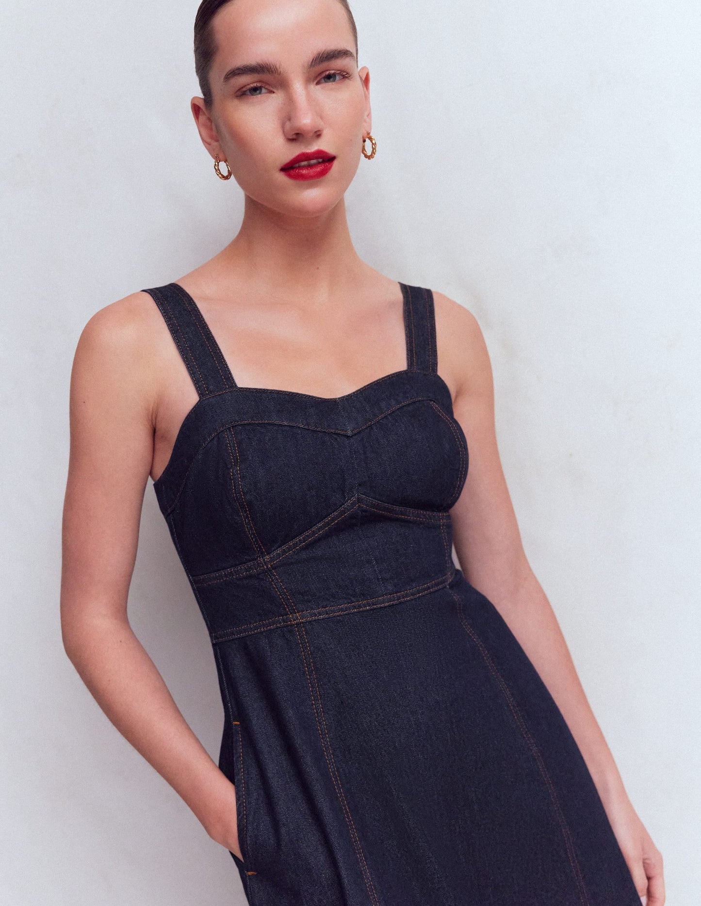 Panelled Bodice Denim Dress-Indigo