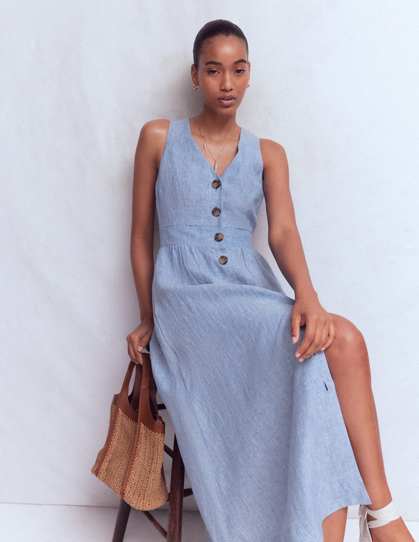 Catherine Button Linen Dress-Chambray