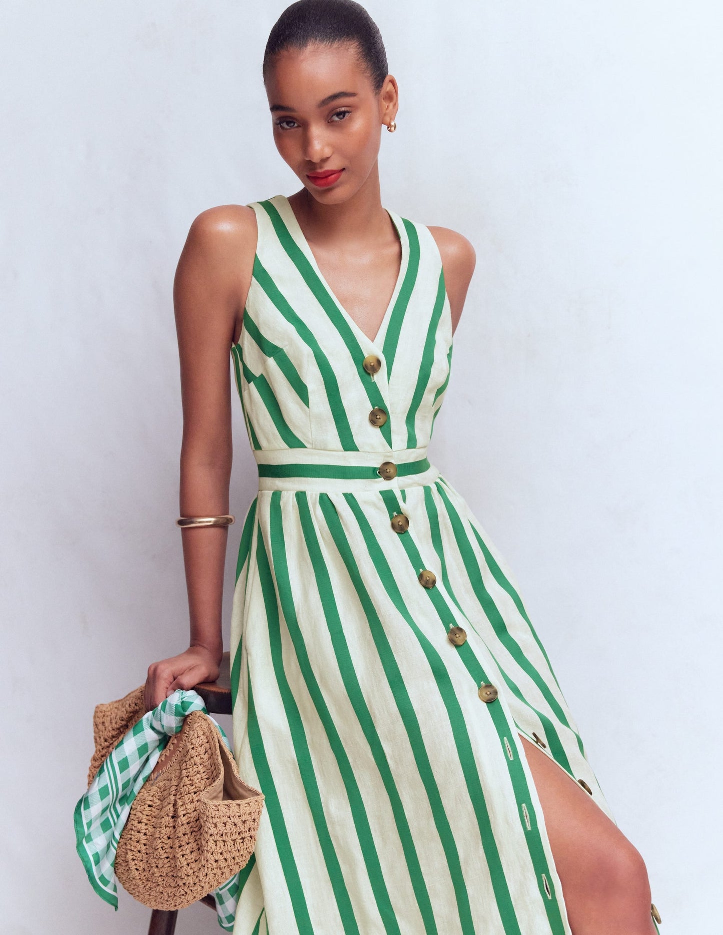 Catherine Button Linen Dress-Ivory and Green Satin Stripe