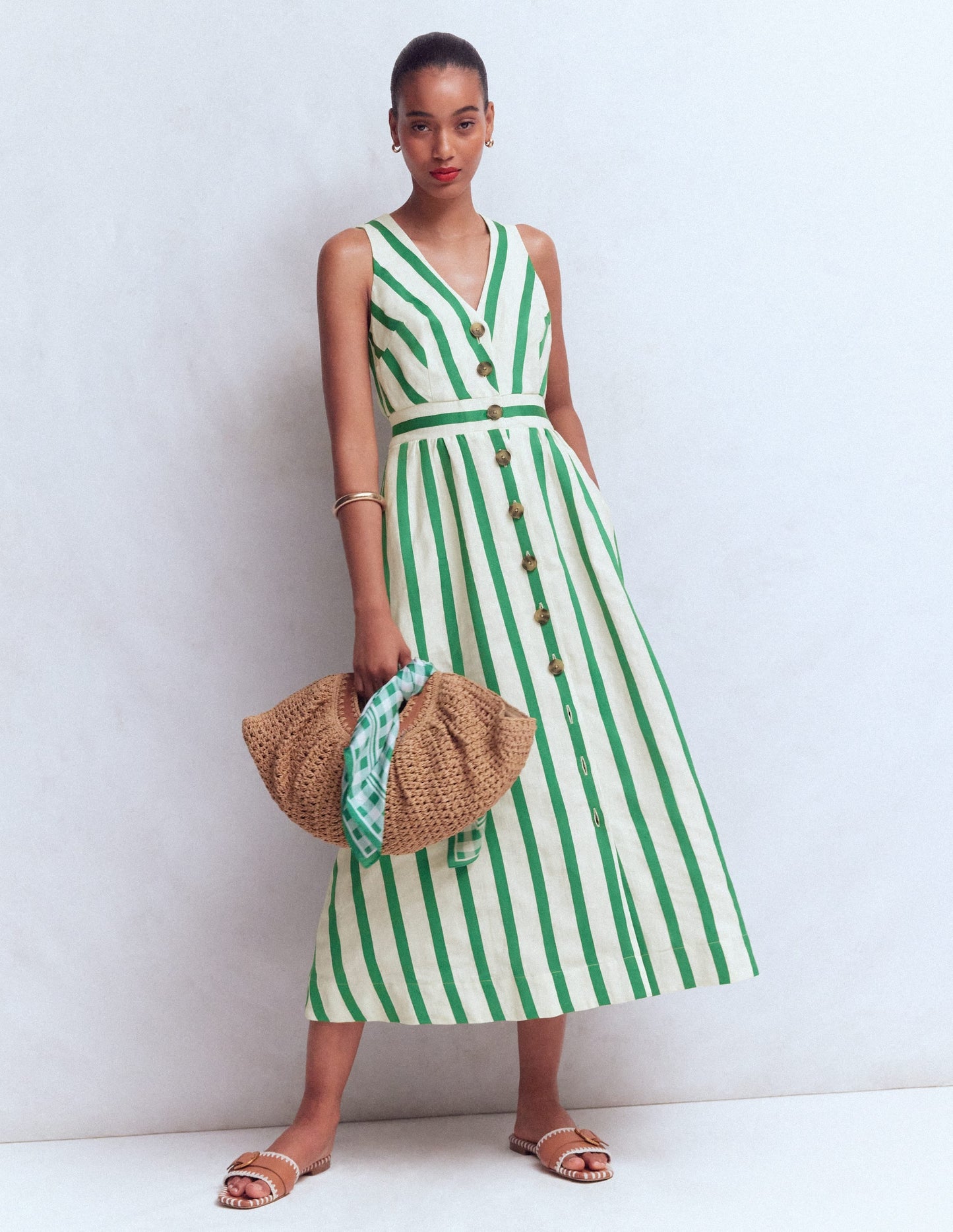 Catherine Button Linen Dress-Ivory and Green Satin Stripe