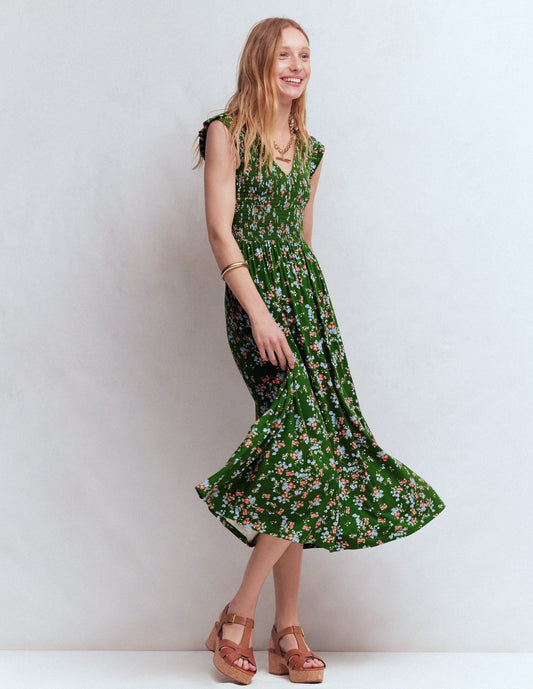 Smocked Jersey Midi Dress-Promenade Green, Bloom Scatter