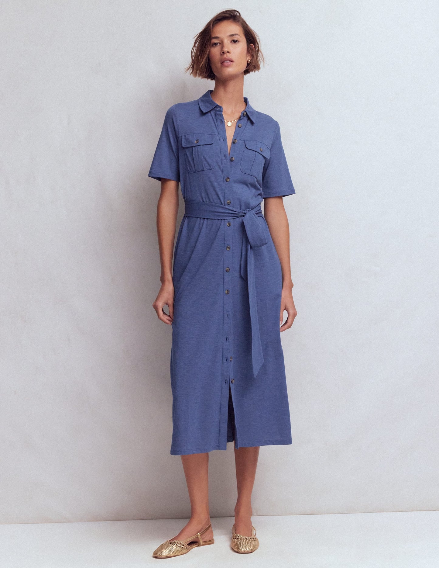 Mavis Midi Jersey Shirt Dress-Denim Blue