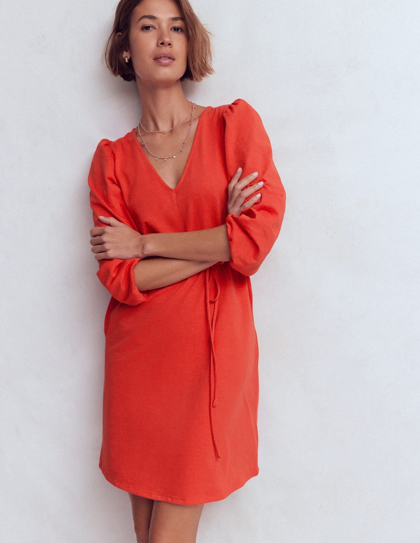Cary V-Neck Short Dress-Blood Orange