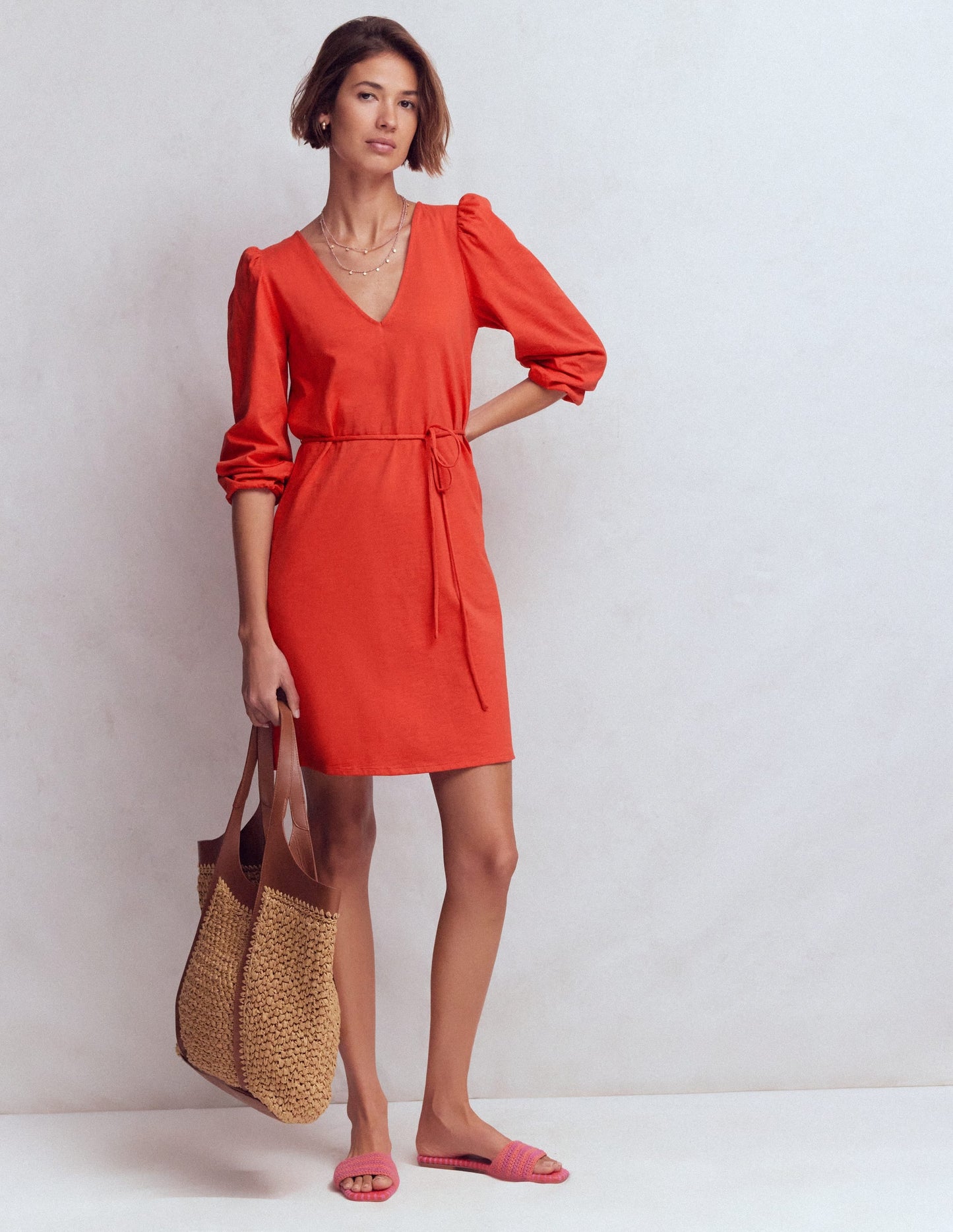 Cary V-Neck Short Dress-Blood Orange