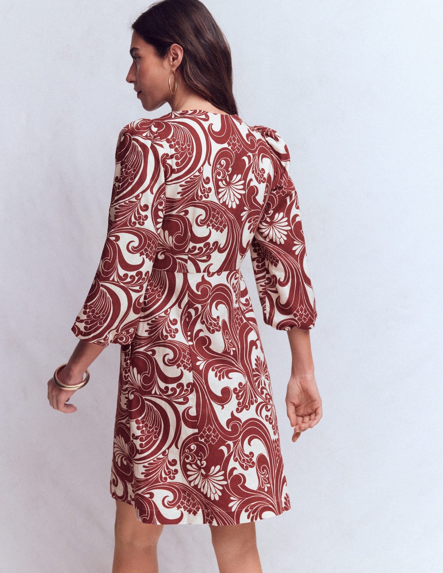 Marla Linen Blend Short Dress-Brown, Foliage Whirl