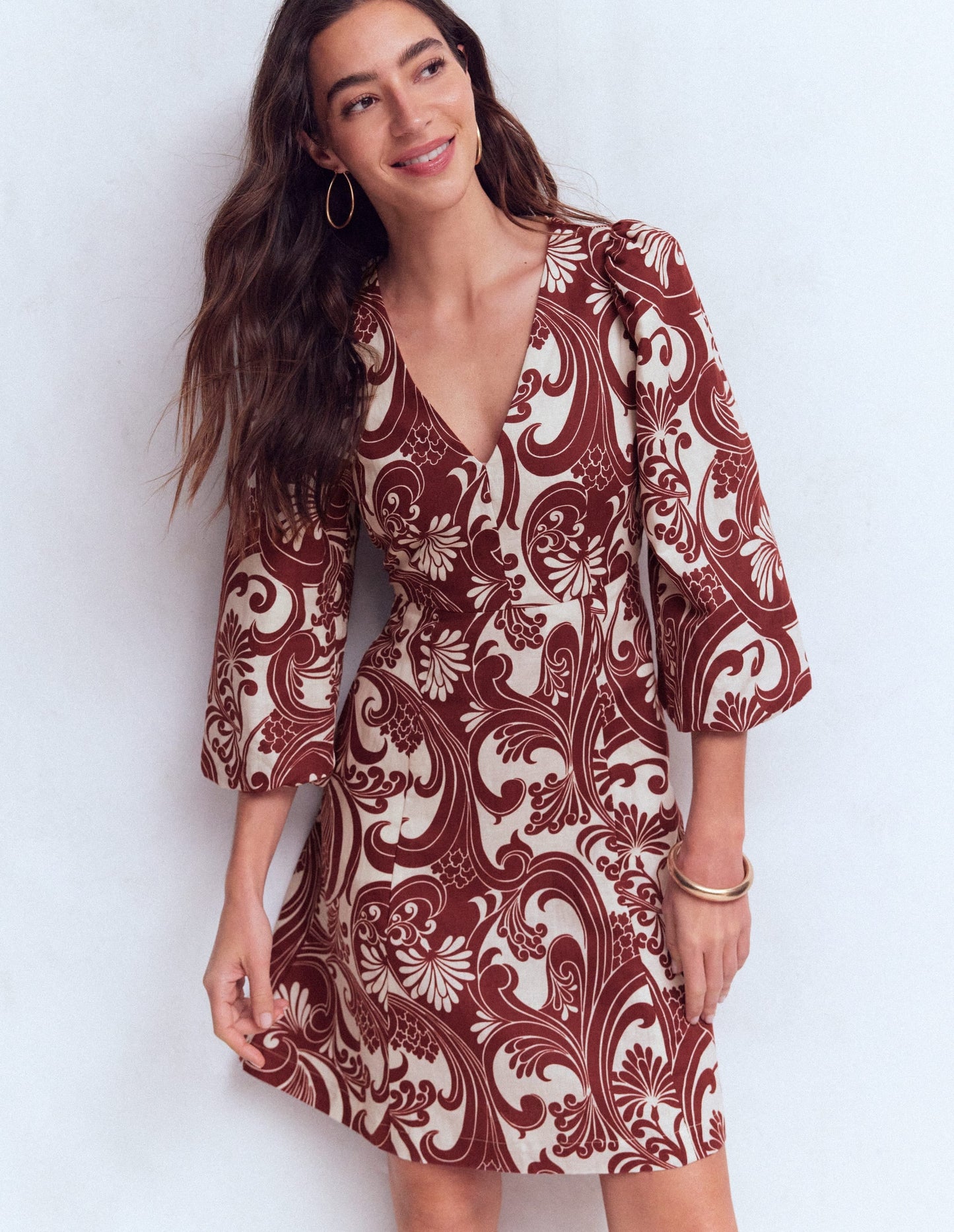 Marla Linen Blend Short Dress-Brown, Foliage Whirl