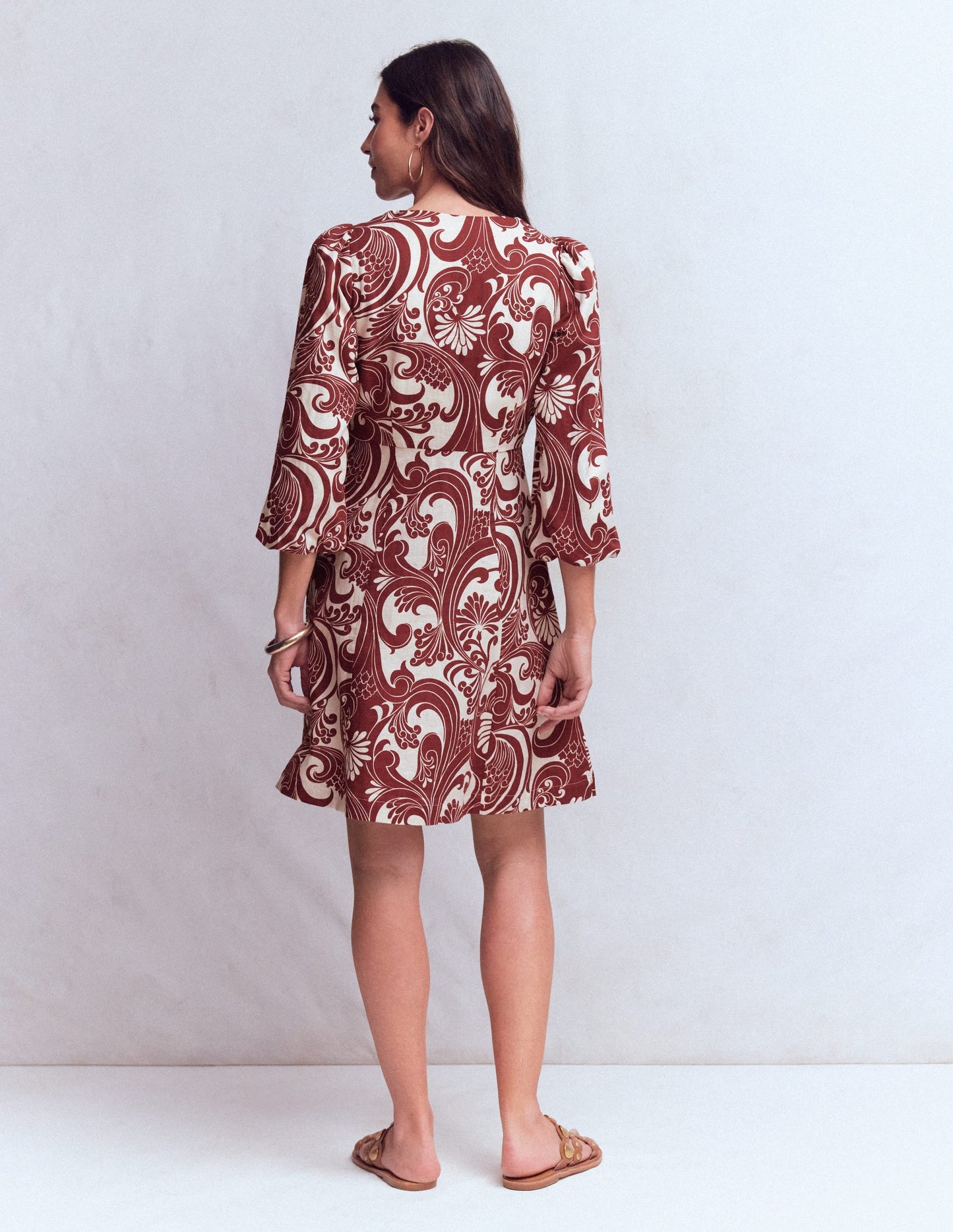 Marla Linen Blend Short Dress-Brown, Foliage Whirl