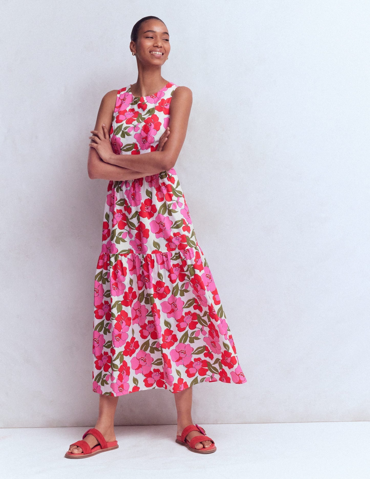 Sleeveless Poplin Dress-Red, Radiant Bloom