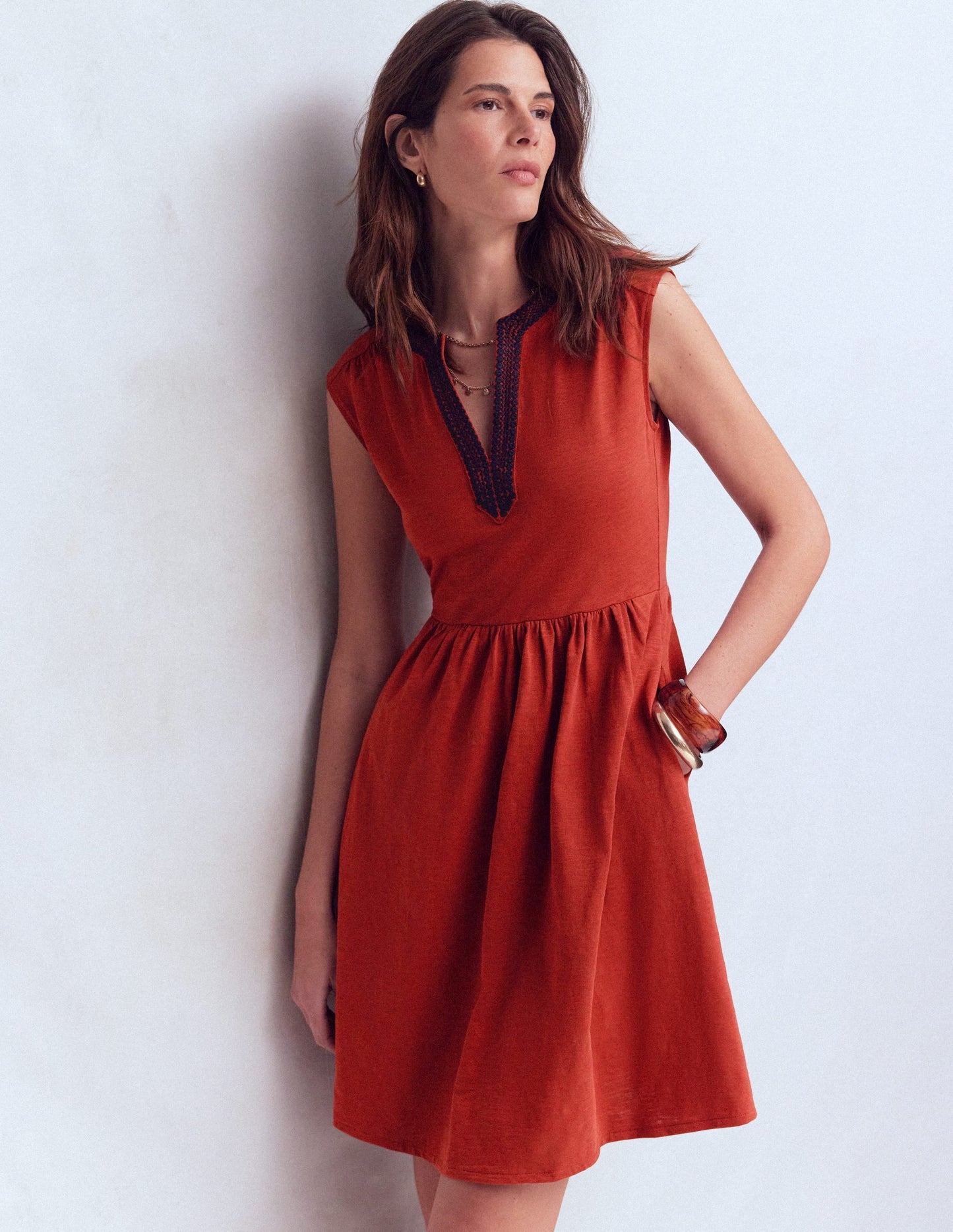 May Embroidered Short Dress-Burnt Orange