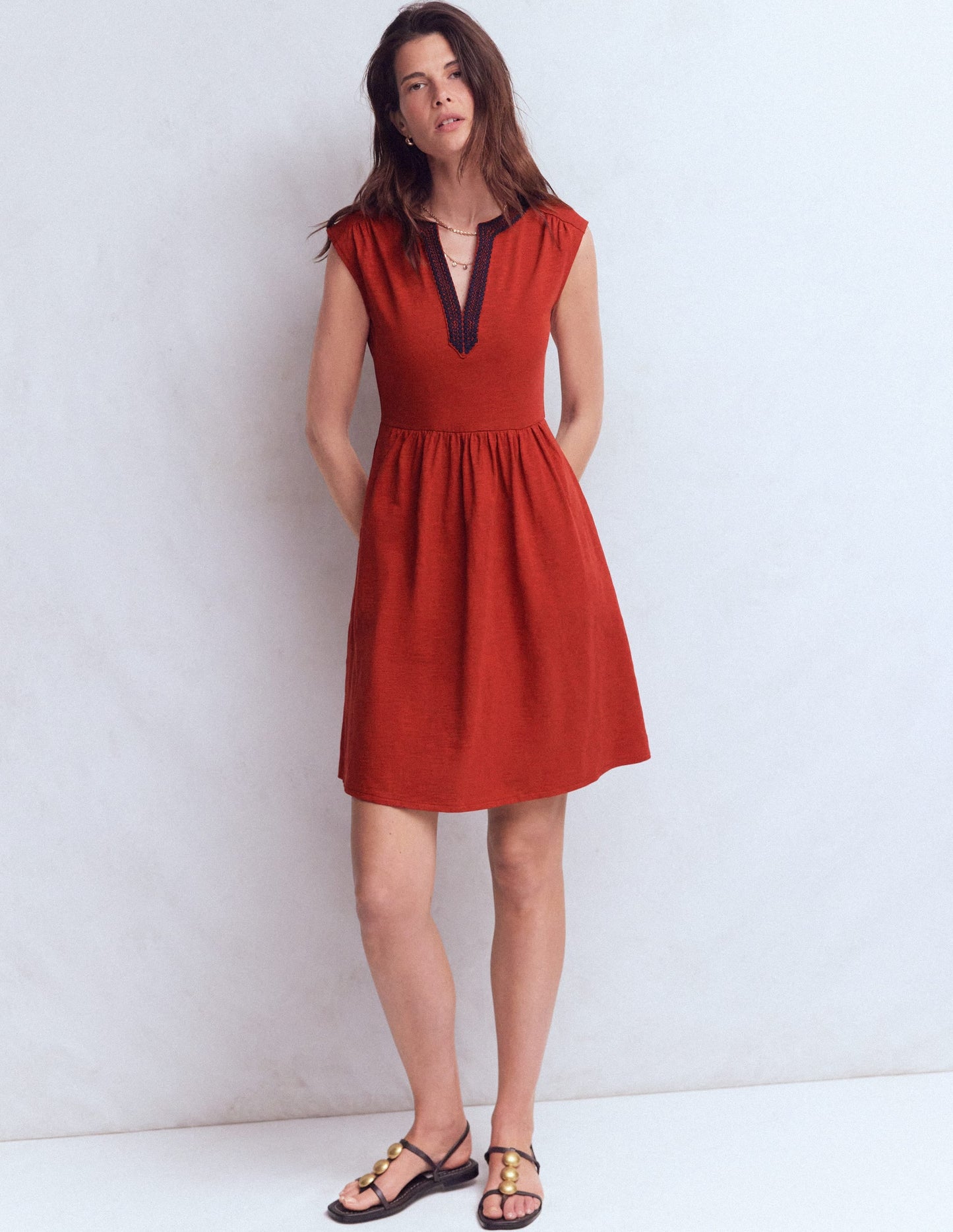 May Embroidered Short Dress-Burnt Orange