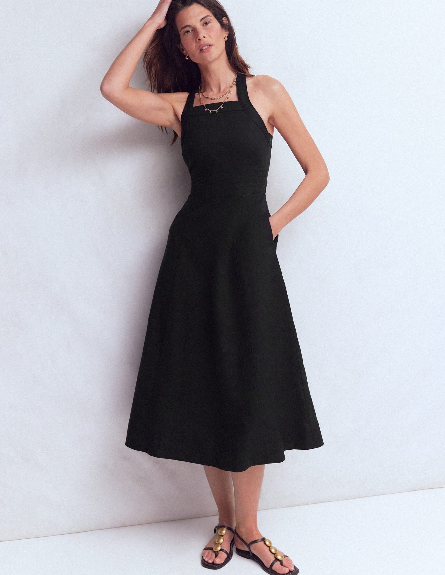 Cross-back Linen Blend Dress-Black