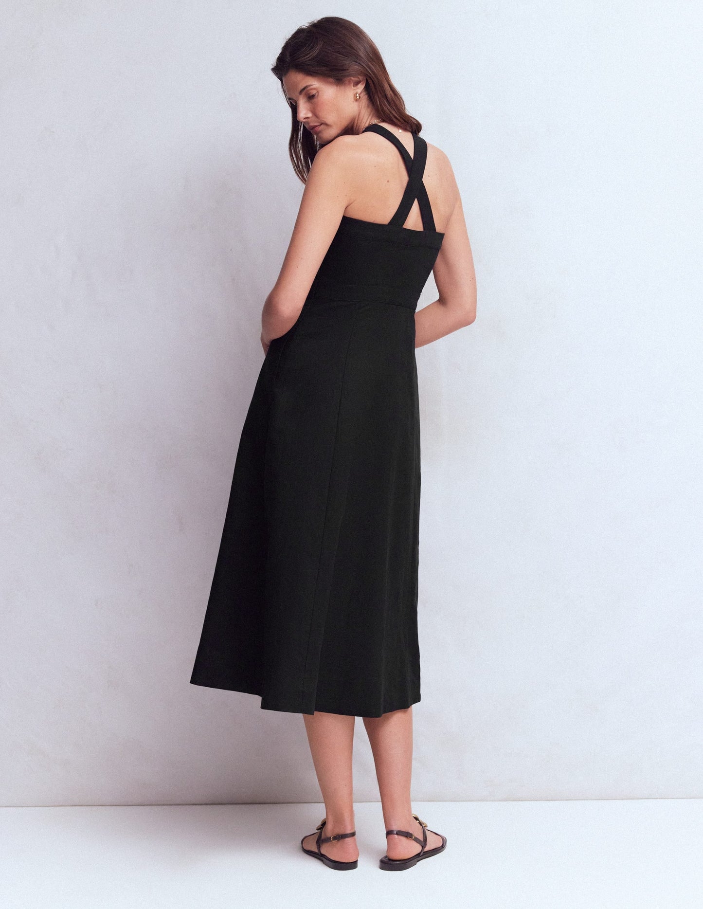 Cross-back Linen Blend Dress-Black