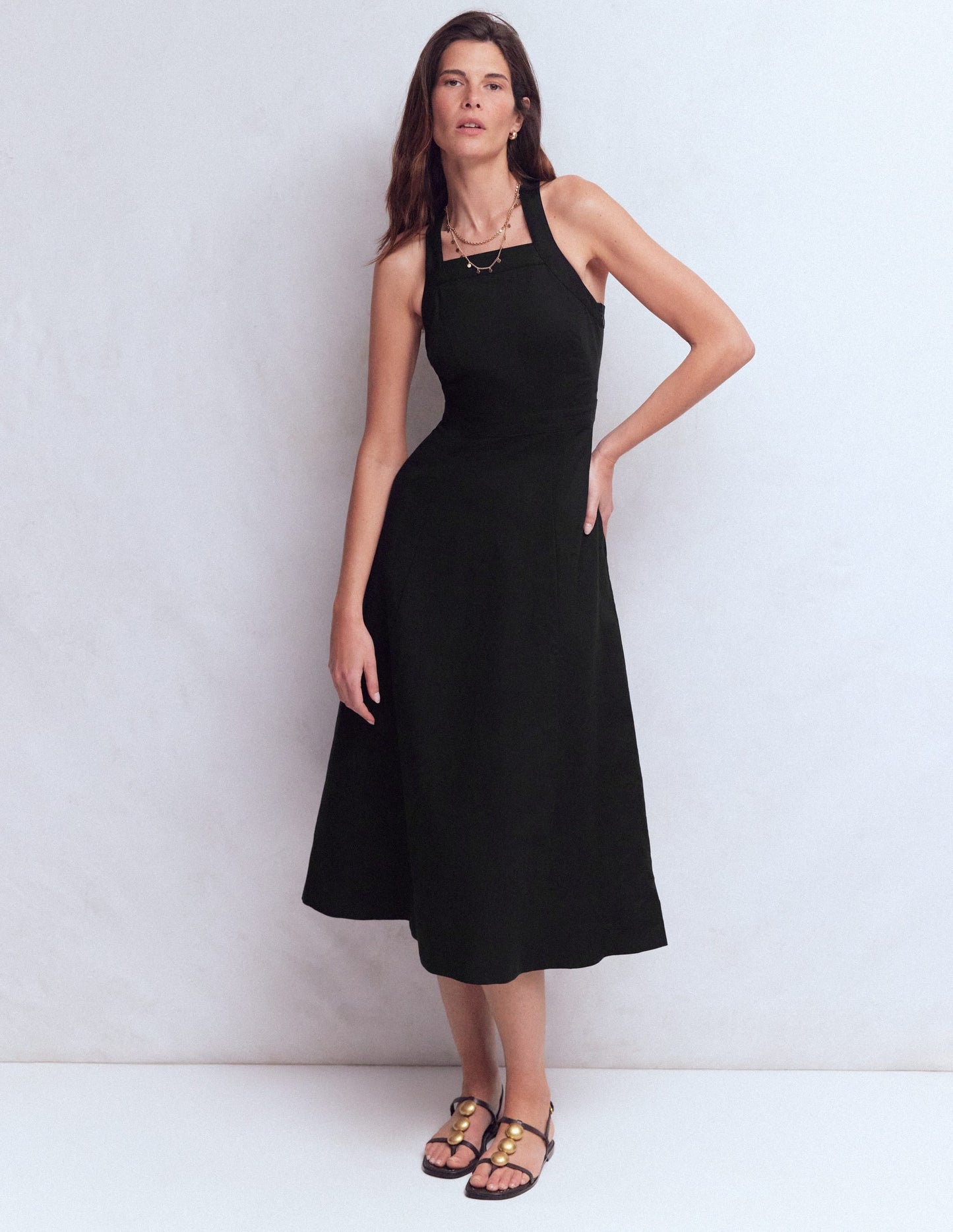Cross-back Linen Blend Dress-Black