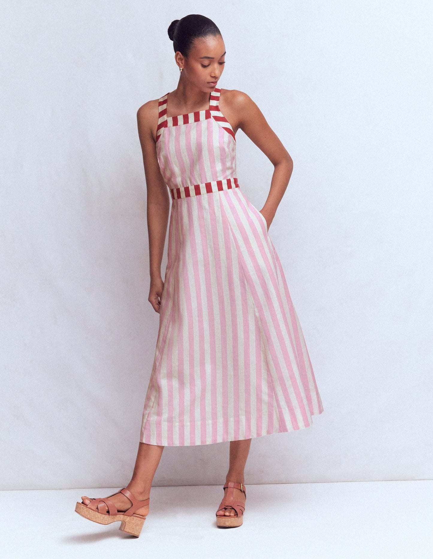Cross-back Linen Blend Dress-Orchid Pink Stripe