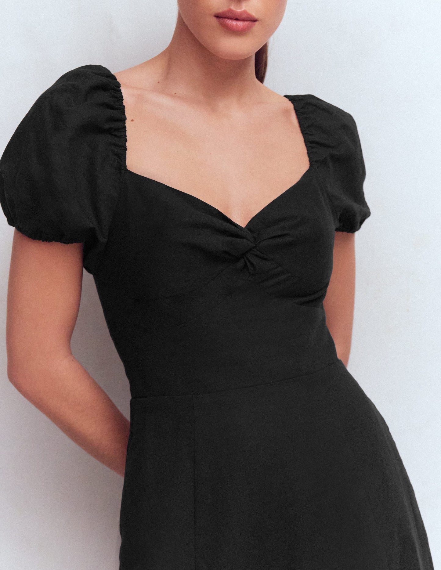 Twist Front Linen Blend Dress-Black