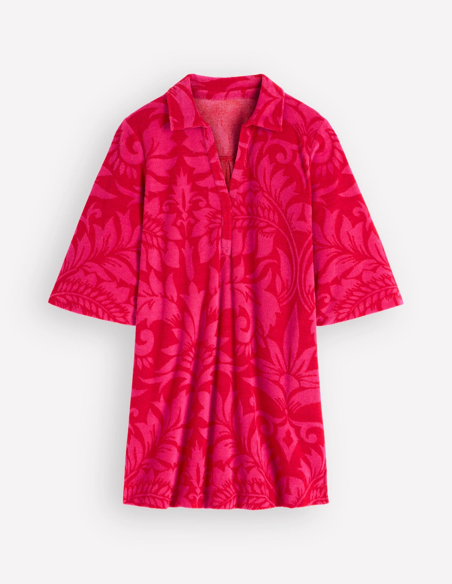 Short Collared Towelling Dress-Merida Red, Ornamental Foliage
