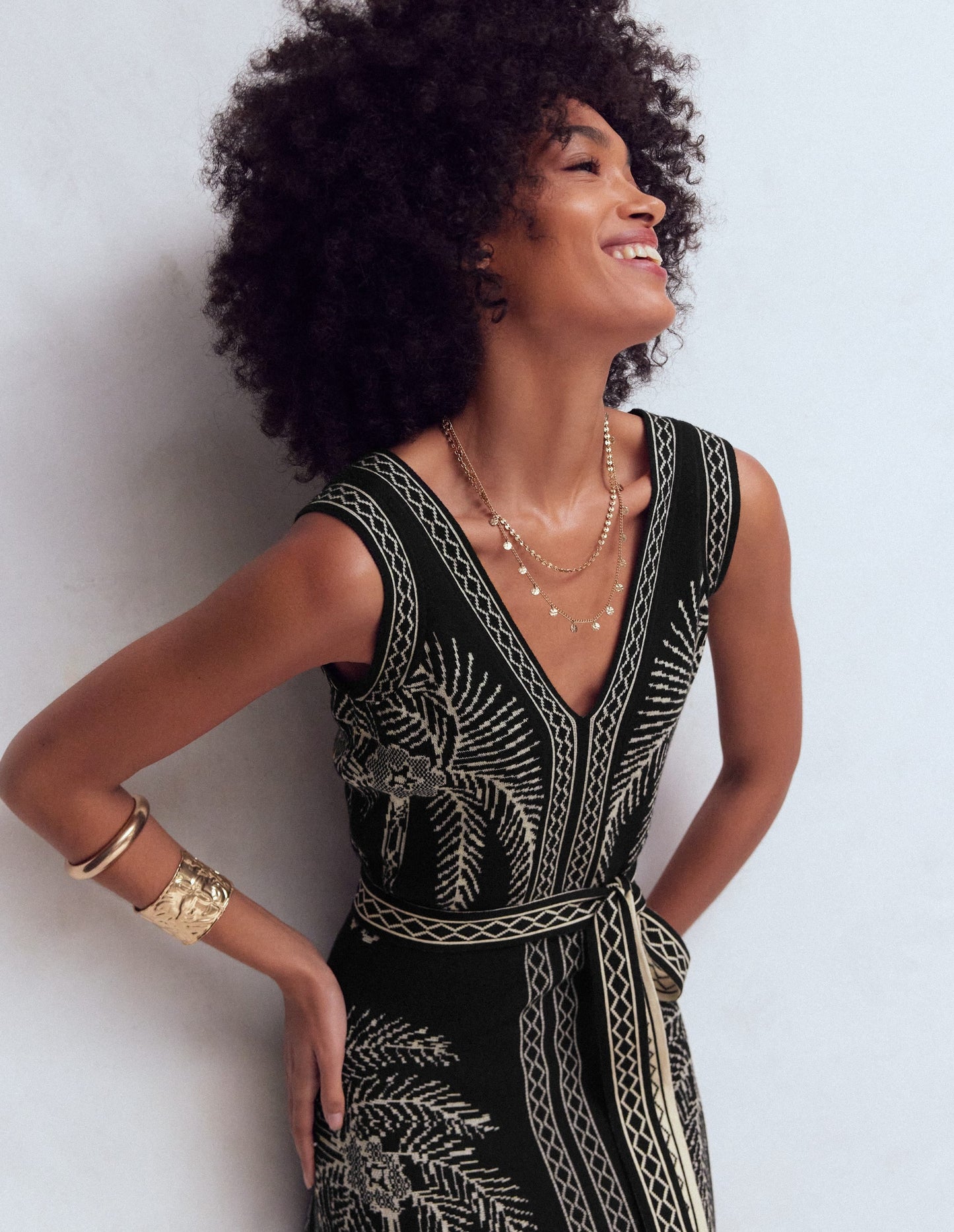 V Neck Jacquard Dress-Palm Jacquard