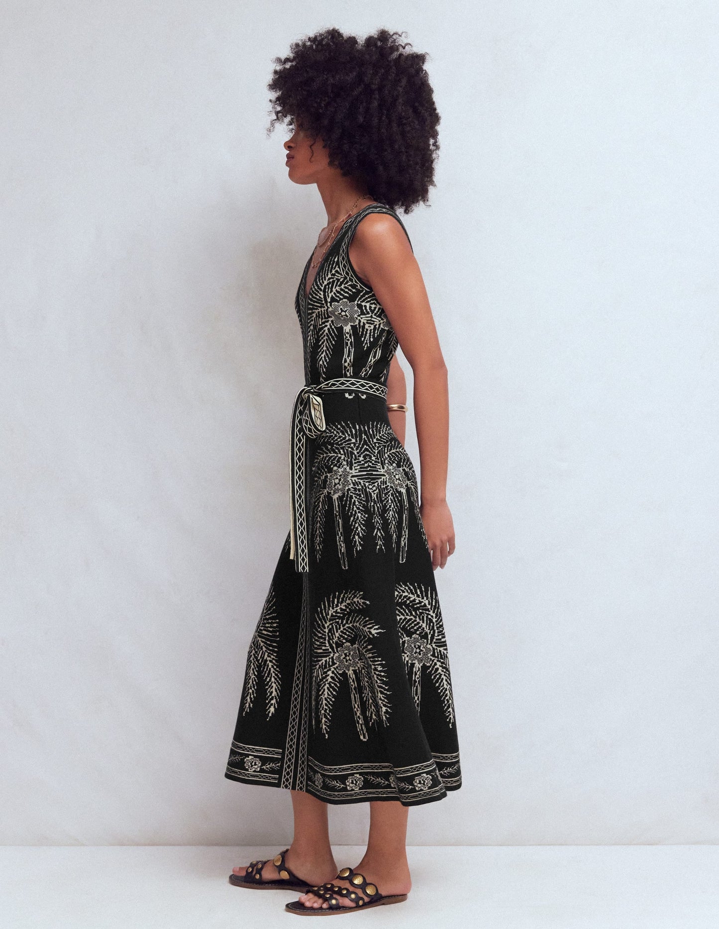 V Neck Jacquard Dress-Palm Jacquard
