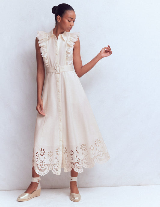 Ruffle Bodice Shirt Dress-White Broderie Trim