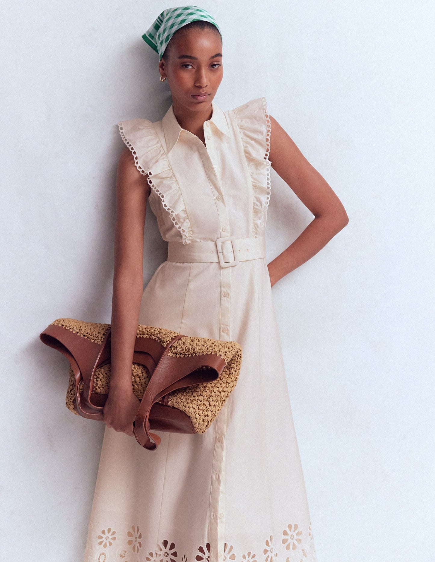 Ruffle Bodice Shirt Dress-White Broderie Trim