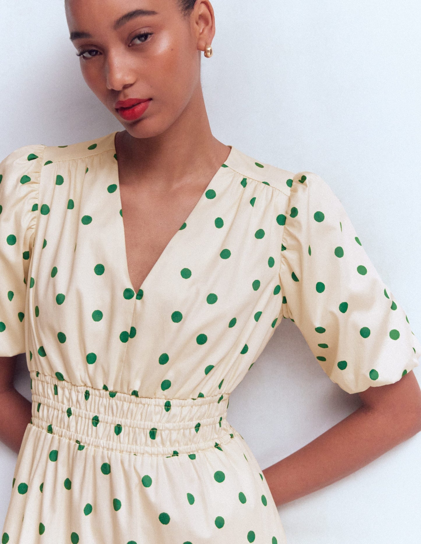 Irene Puff Sleeve Cotton Dress-Papyrus, Painted Dot Spaced