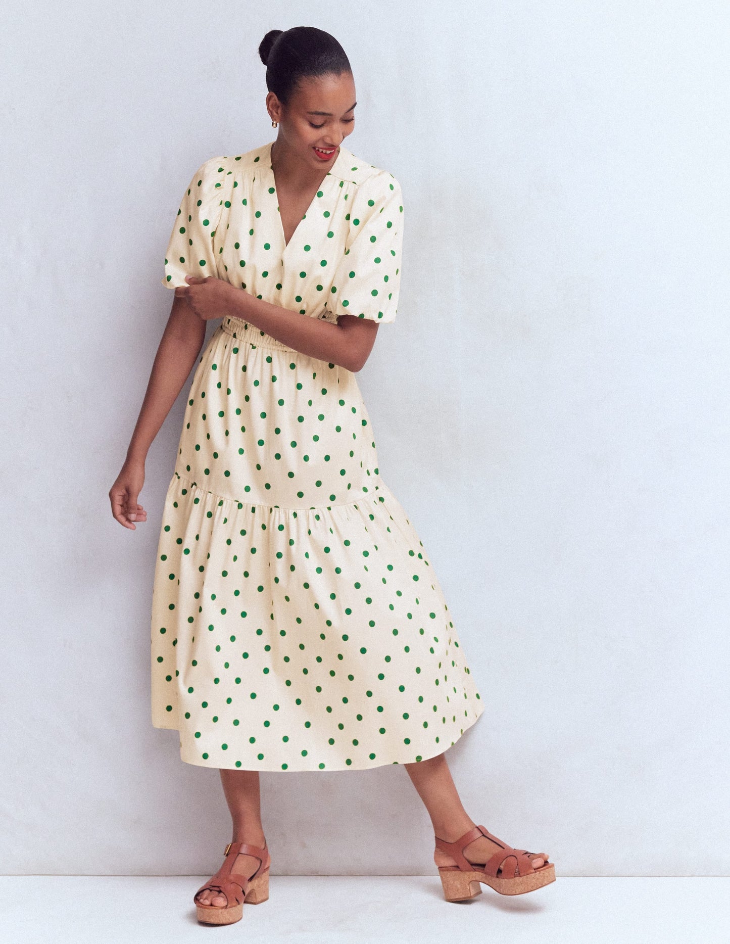 Irene Puff Sleeve Cotton Dress-Papyrus, Painted Dot Spaced