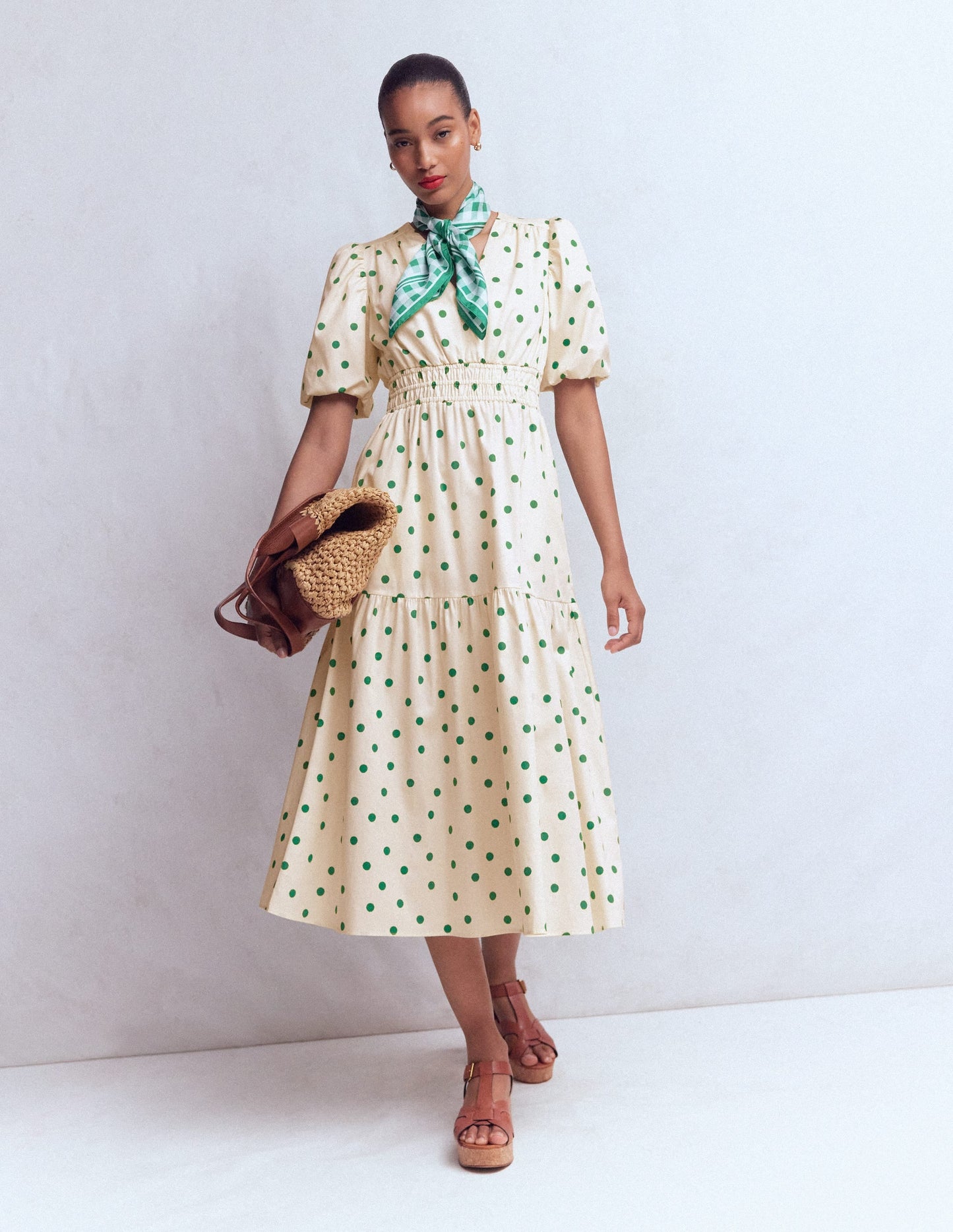 Irene Puff Sleeve Cotton Dress-Papyrus, Painted Dot Spaced