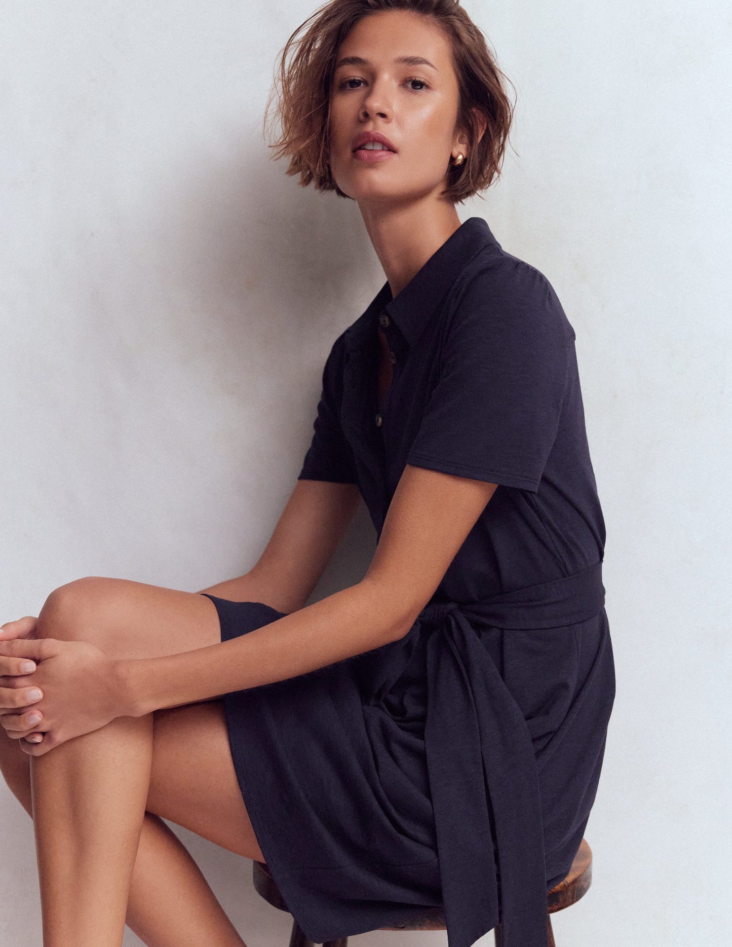 Patti Short Jersey Shirt Dress-Navy