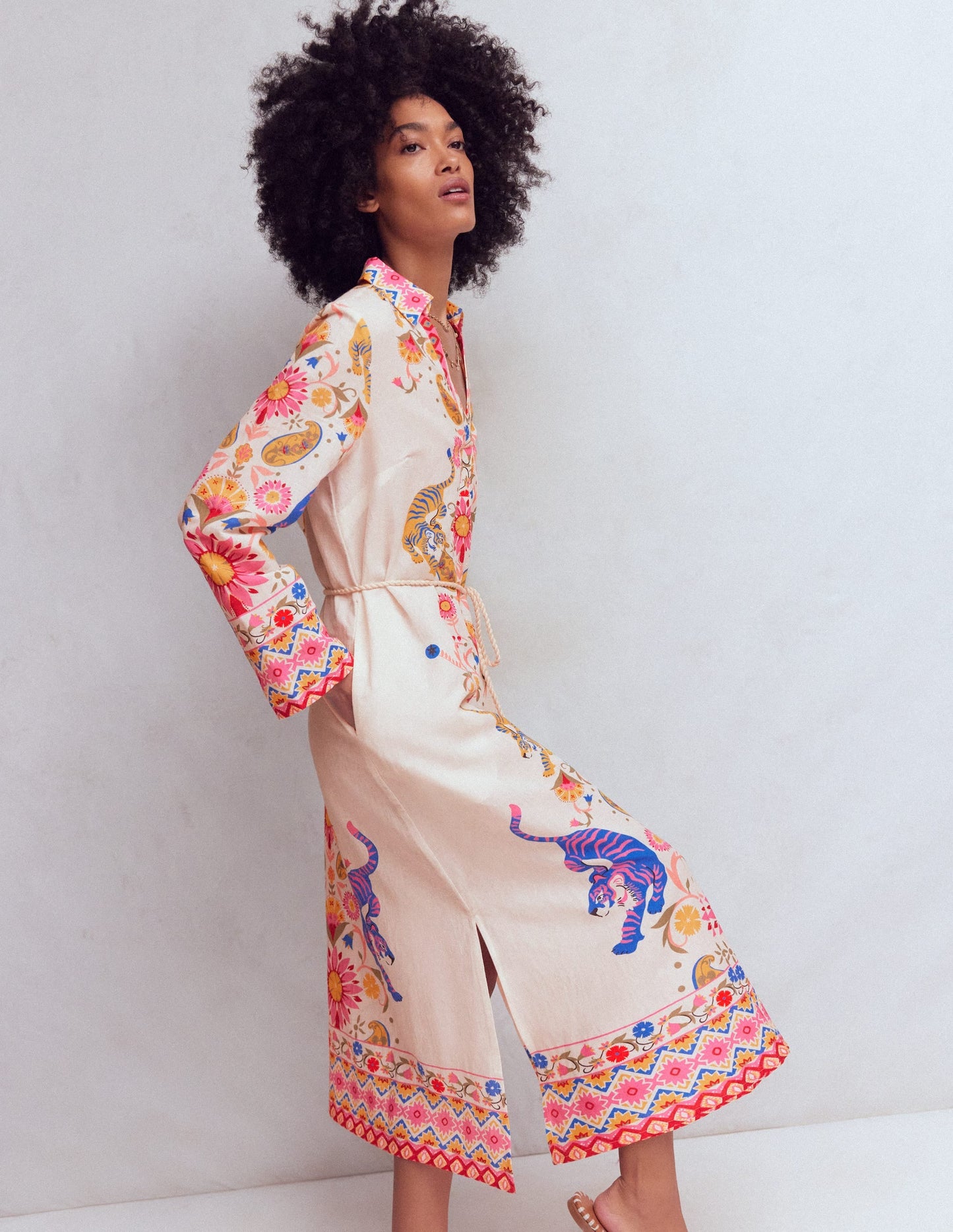 Notch Collar Linen Blend Tunic-Multi Tiger Tapestry