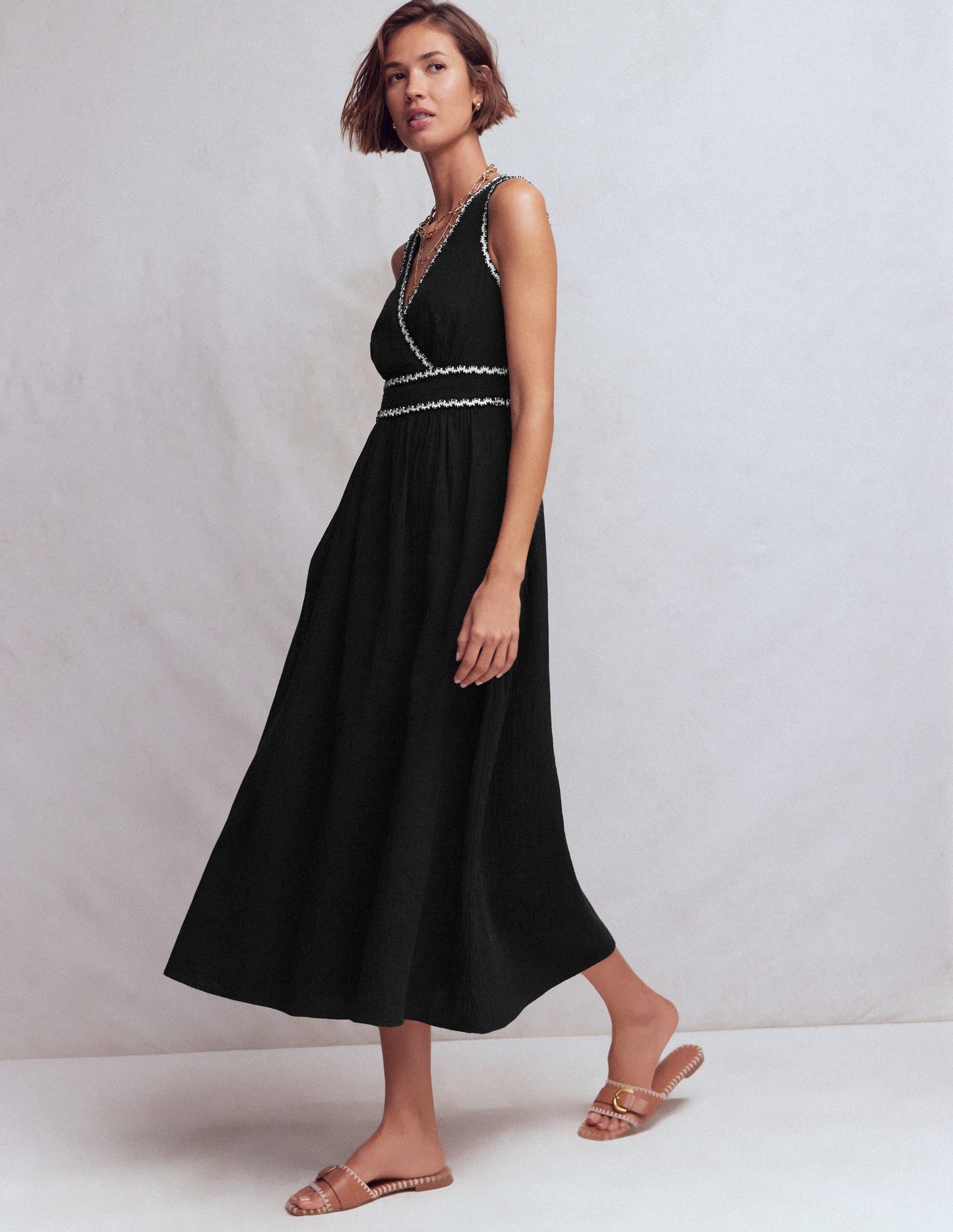 Lorna Trim Double Cloth Dress-Black Ivory