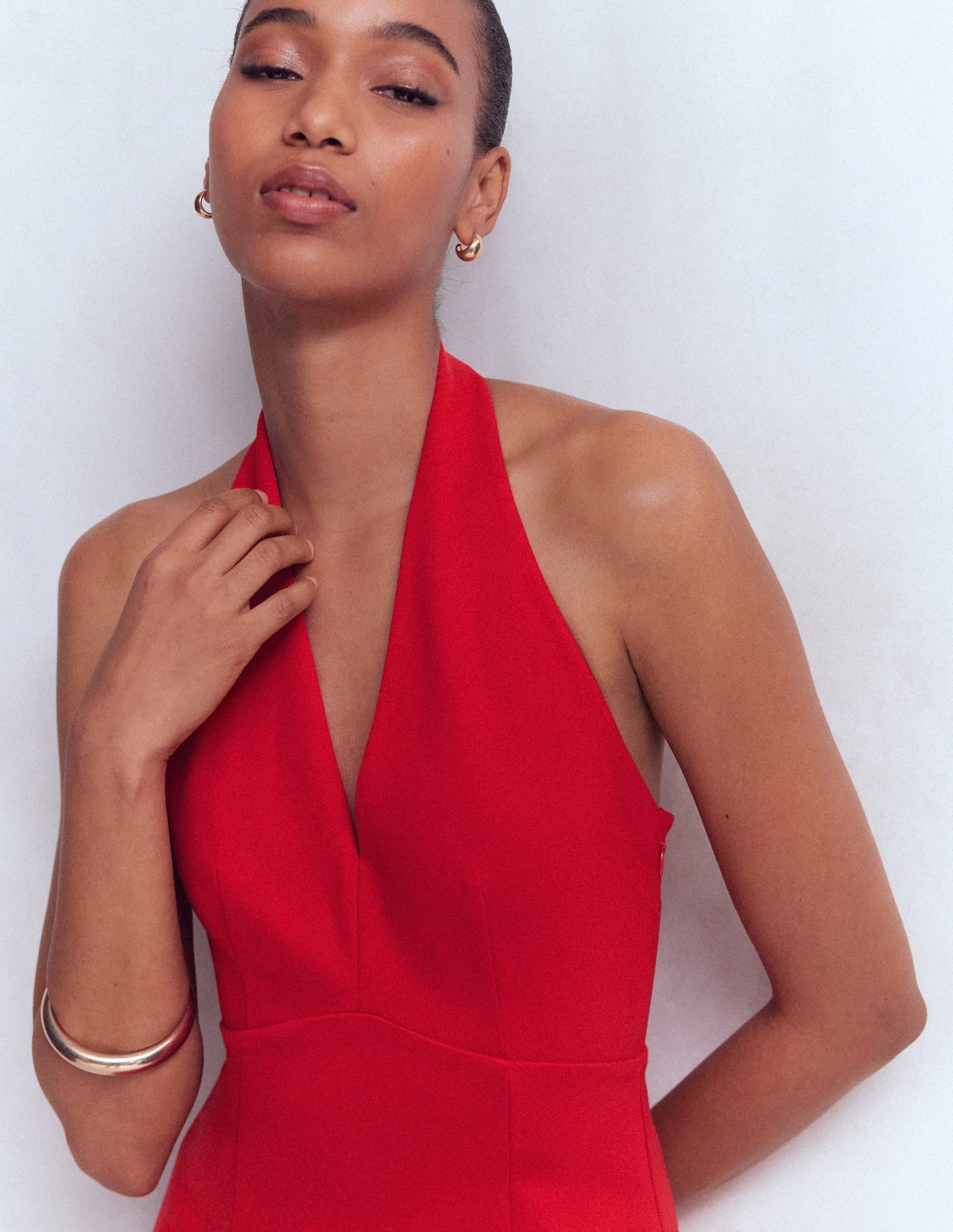 Halter Neck Empire Maxi Dress-Red
