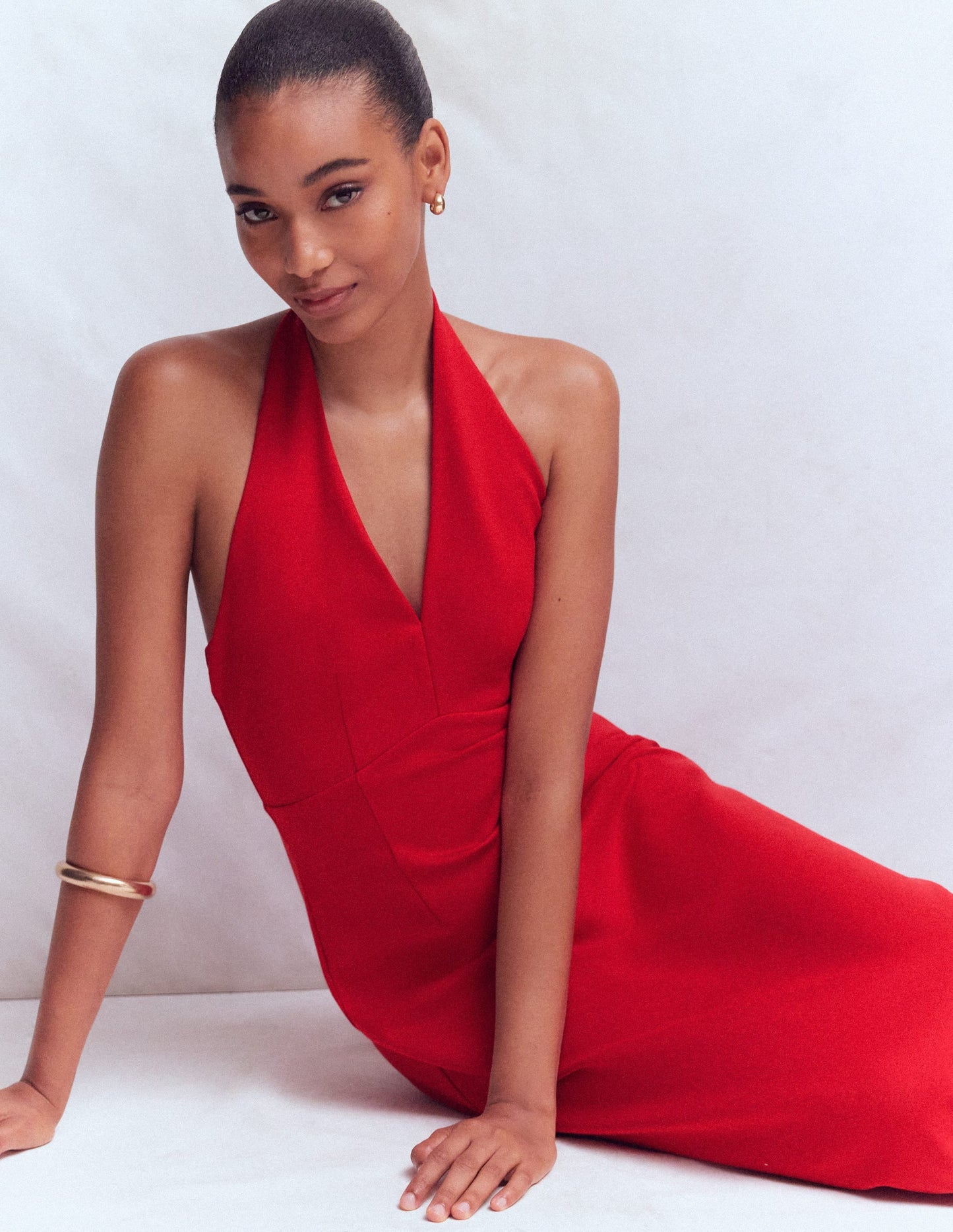 Halter Neck Empire Maxi Dress-Red