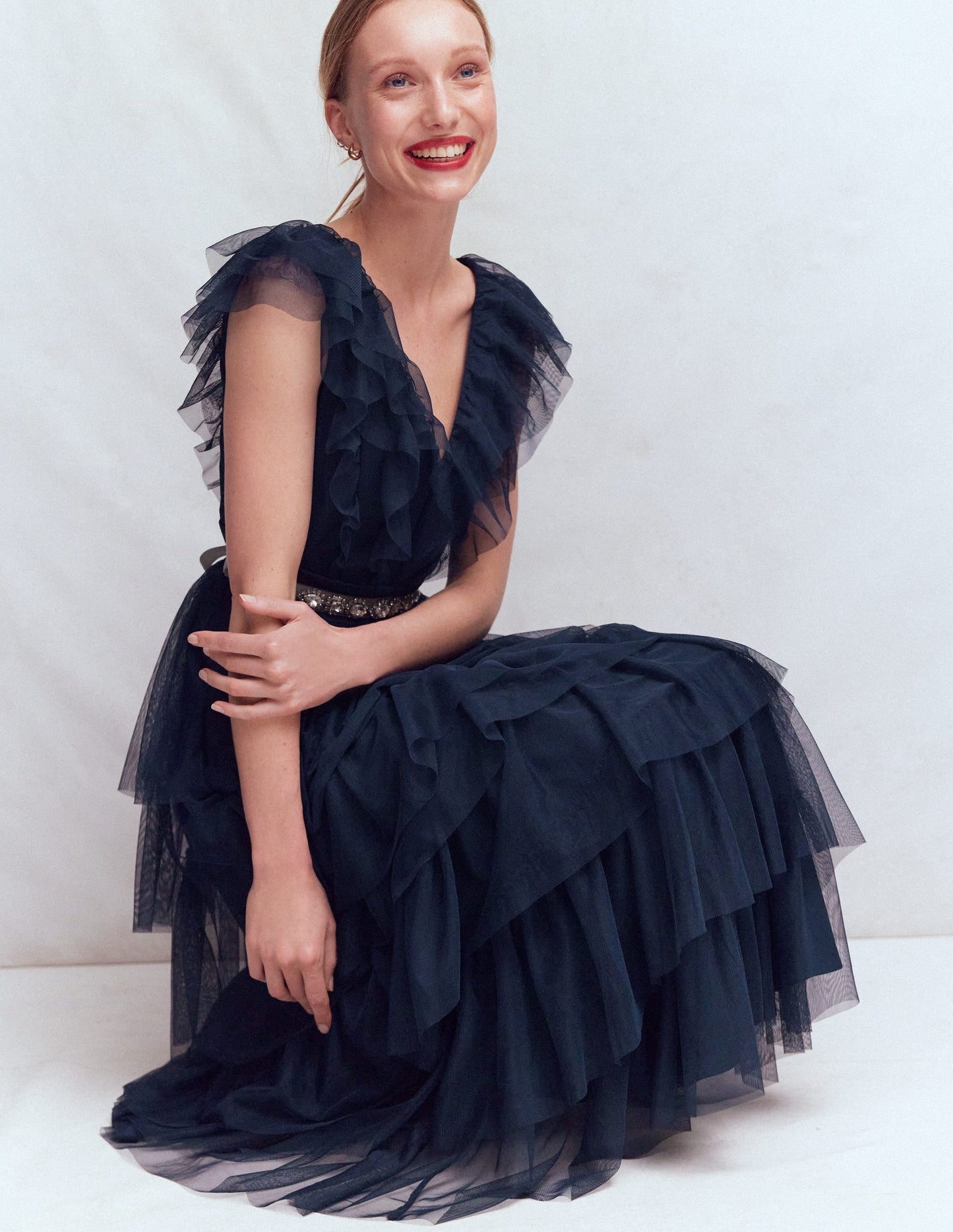 Ruffle Tulle Tiered Dress-Navy