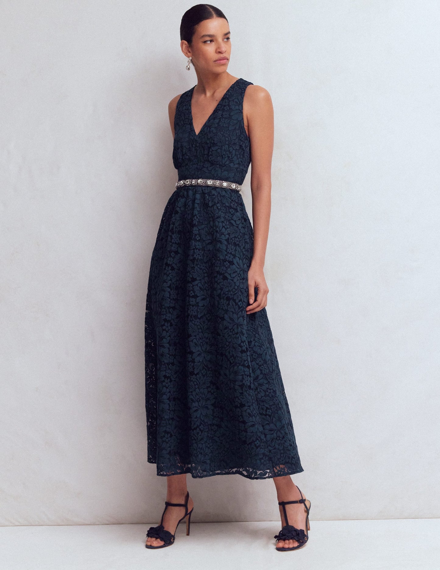 Lace Plunge Neck Panel Dress-Navy